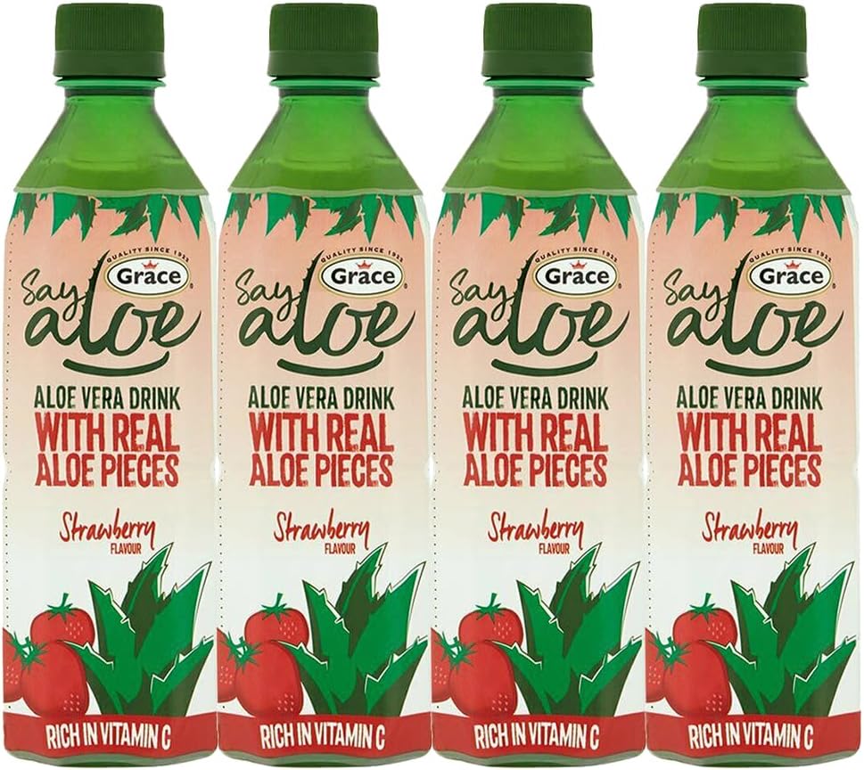 Grace Aloe Vera Strawberry Drink 500ml Pack of 4 Natural Berry Flavour Vitamin C Real Aloe Pieces Healthy Hydrating Juice Beverage with Welari Thank You Card | (4pack) (2000ml)