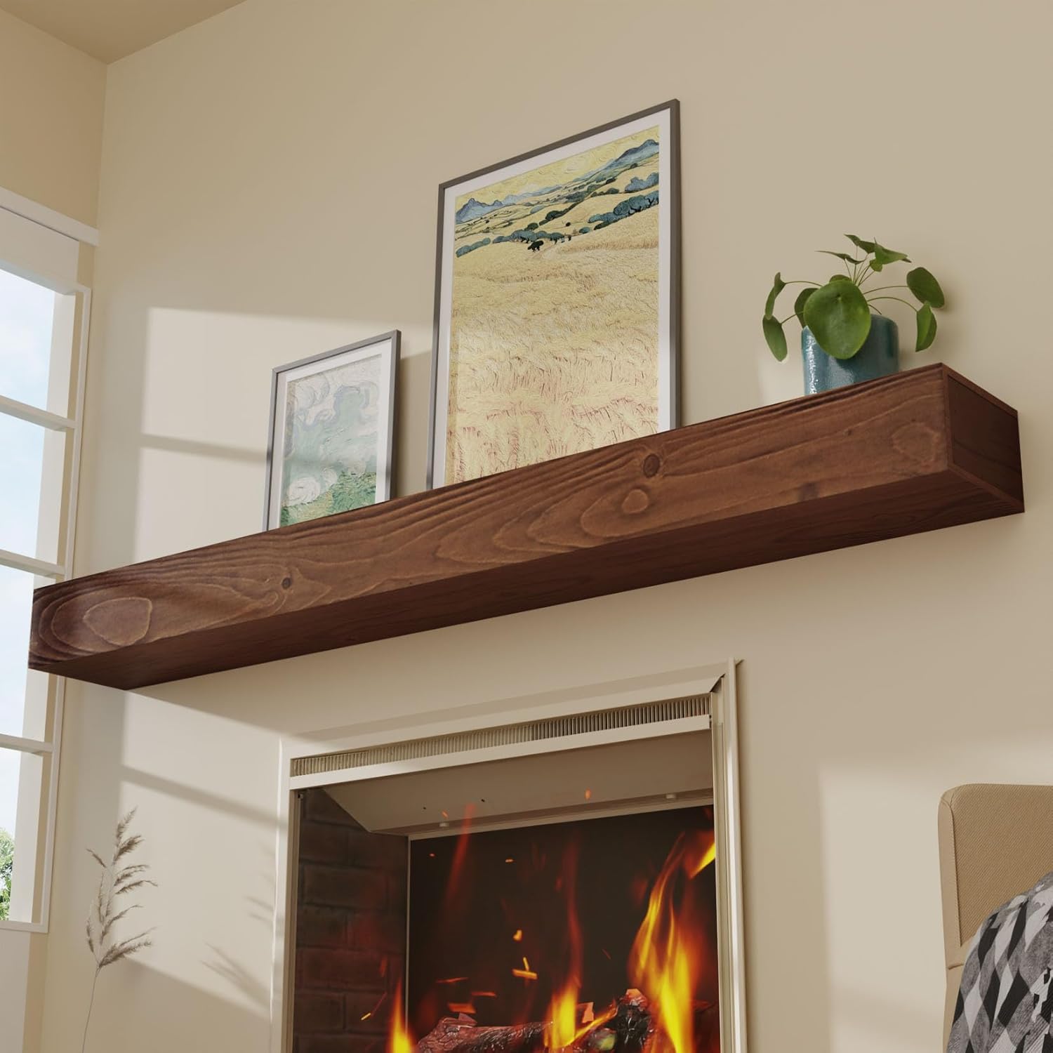 Floating Fireplace Mantel Shelf 60 inch Rustic Solid Wood Mantels for Fireplace Natural Pine Wood Mantle for Fireplace Living Room Farmhouse - 60 X 8 X 5,Rustic Traditional