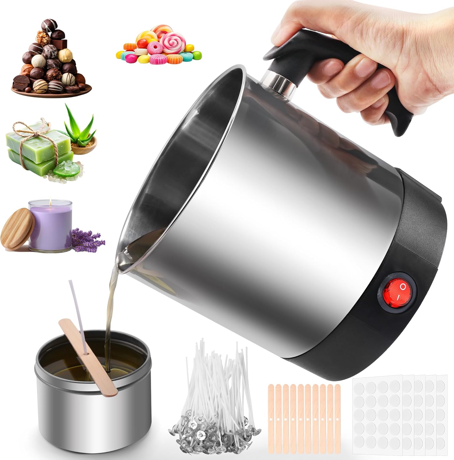 PP OPOUNT Candle Making Kit for Adults with 1.3L Stainless Steel Wax Melter Pot, 100 Soy Wax Wicks, Wick Pads & Holders - Complete DIY Wax Melt Starter Kit for Beginners, Ideal Present, Home Activity