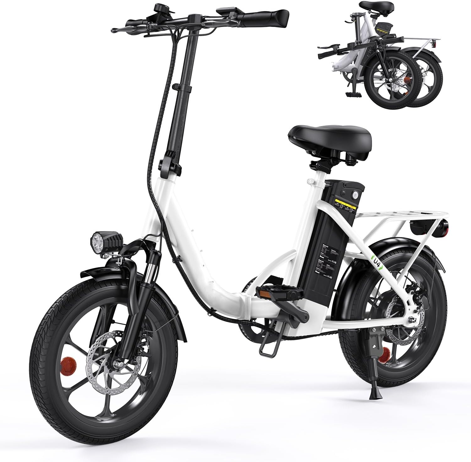 Finbike U4 Electric Bike, 16" Portable Electric Bicycle with Removable Battery, 60KM Max Range, 3 Riding Modes, Front Shock Absorber, Foldable E-bike for Adults/Teens