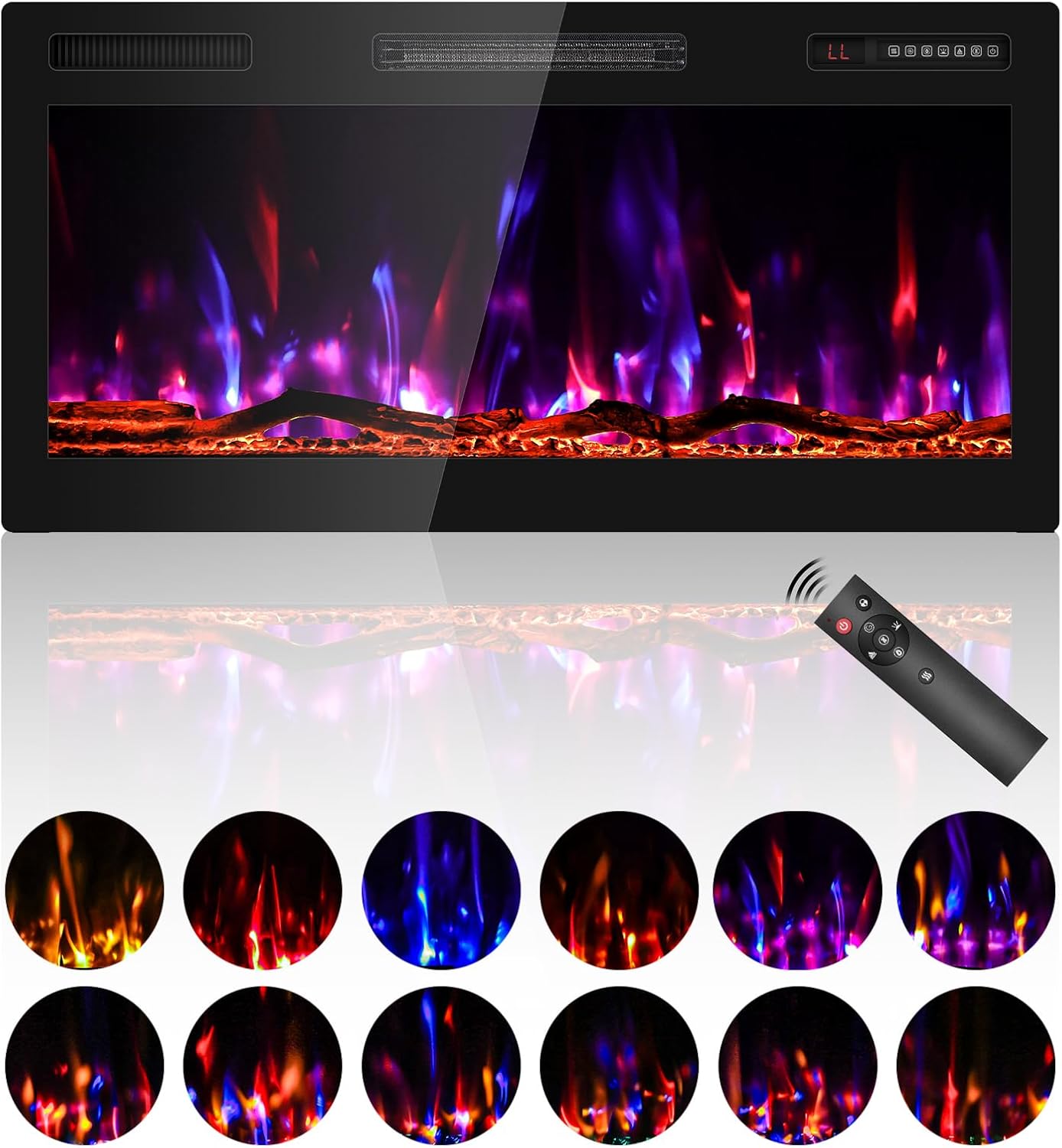 BREEZEHEAT 36 Inch Electric Fireplace Recessed and Wall Mounted, Ultra Slim Linear Fireplace Heater 750/1500W w/Log, HD Realistic Flame, Lower Noise, 8H Timer