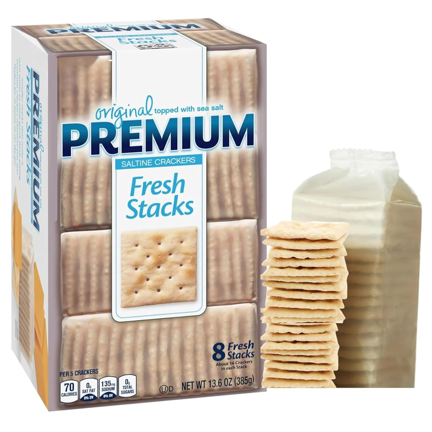 Premium Fresh Stacks Original Saltine Crackers – 13.6 oz (8 Stacks) – Topped with Sea Salt – Crisp, Light, and Versatile – Healthy Snacks for Soups, Dips, and Everyday Enjoyment + Luxenton tradmark Spoon Included.