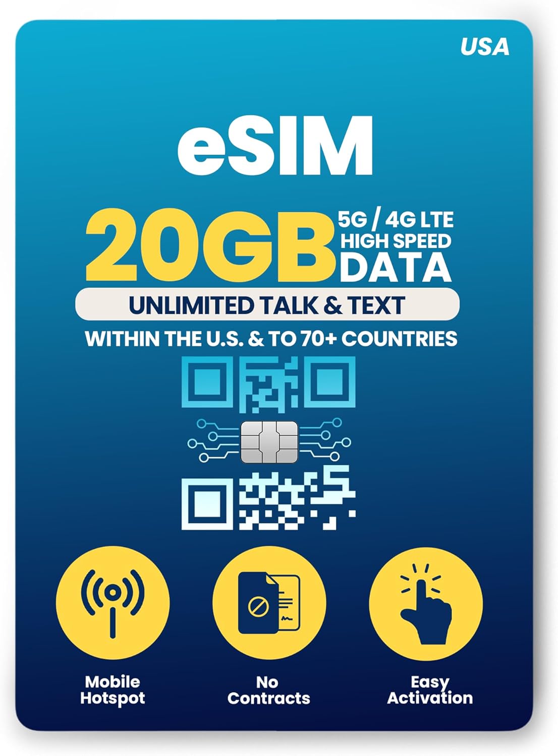 H2O Wireless 30-Day USA eSIM, Prepaid eSIM Card with 20GB High-Speed 4G LTE/5G Data & 5GB Mobile Hotspot, Unlimited Data, Talk & Text to 70+ Countries, US Mobile SIM Card for Cell Phones