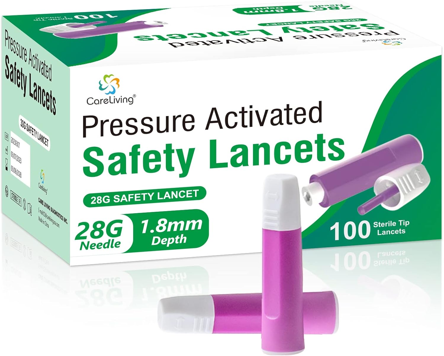 Safety Lancets, 100 Count Sterile, Pressure Activated Activation, 28 Gauge Needle, 1.8 mm,Single-Use, Gentle for Comfortable Testing