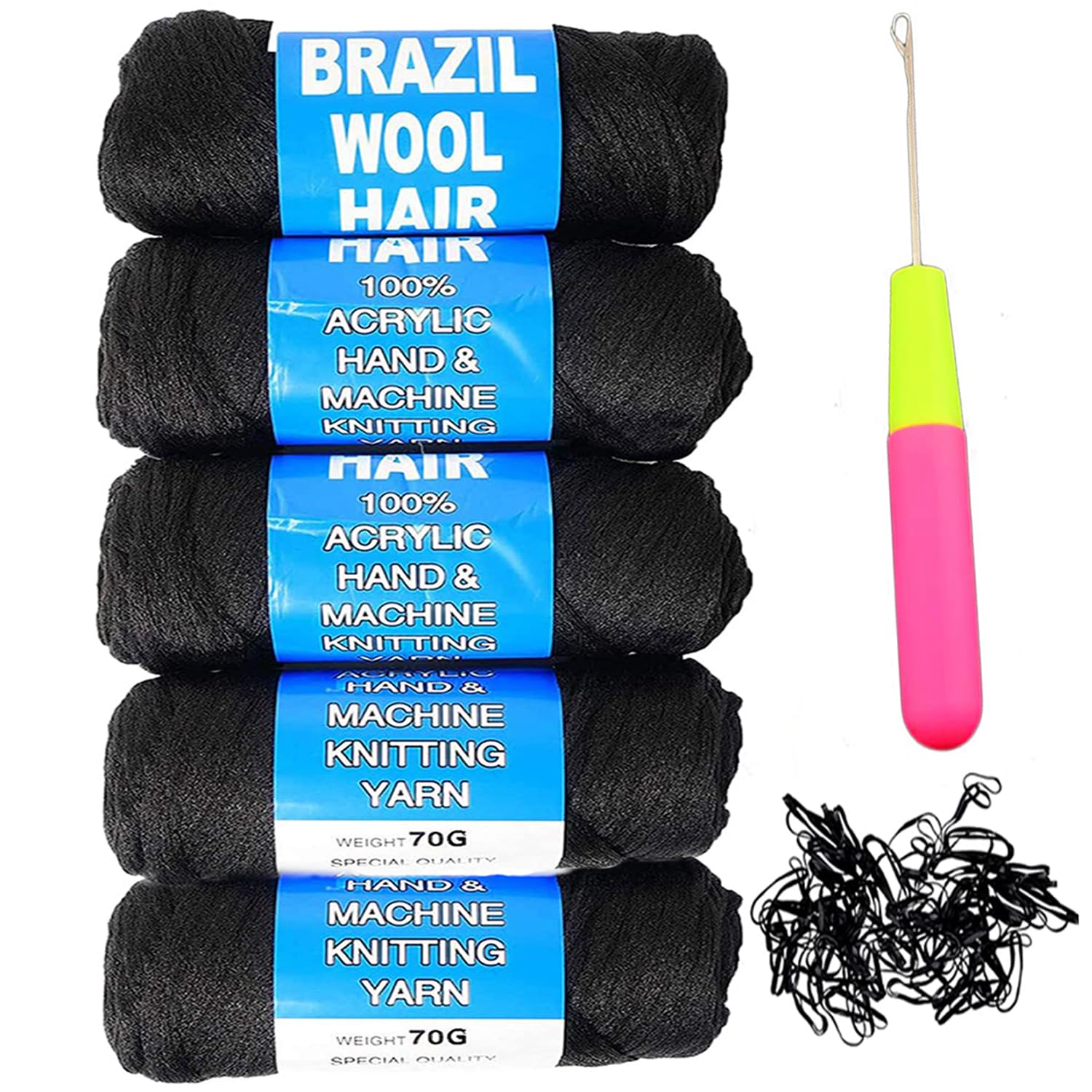 Brazilian Wool Hair Acrylic Yarn 100% 5PCS for African Crochet Braid/Box Braids/Jumbo Braiding/Senegalese Twist/Faux Locs/Twist Wraps Synthetic Fiber Hair Extensions Natural Black Color