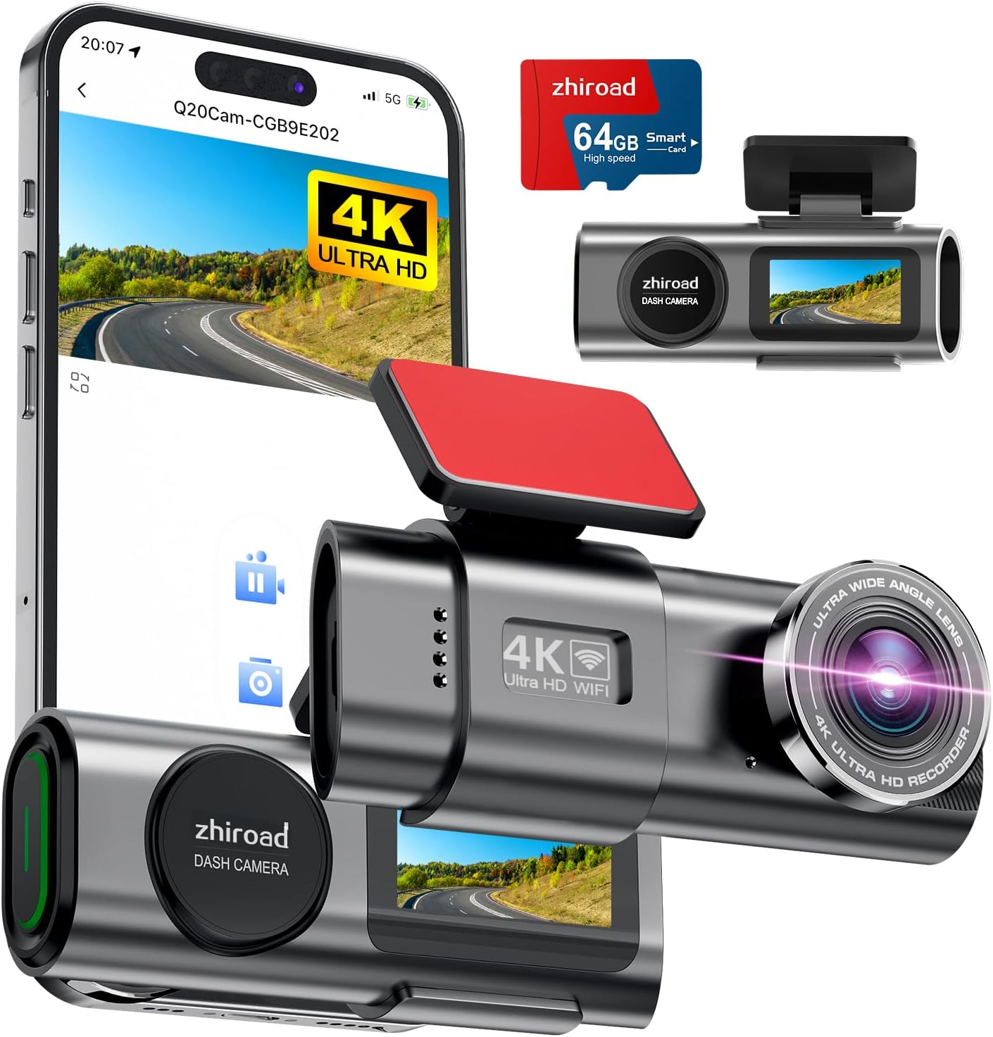 Dash Cam 4K UHD Front Dashcam with 64GB SD Card 2160P WiFi Car Camera,Smart App Control,WDR,Night Vision,Park Mode,G-Sensor,Loop Record,Support Max 256GB