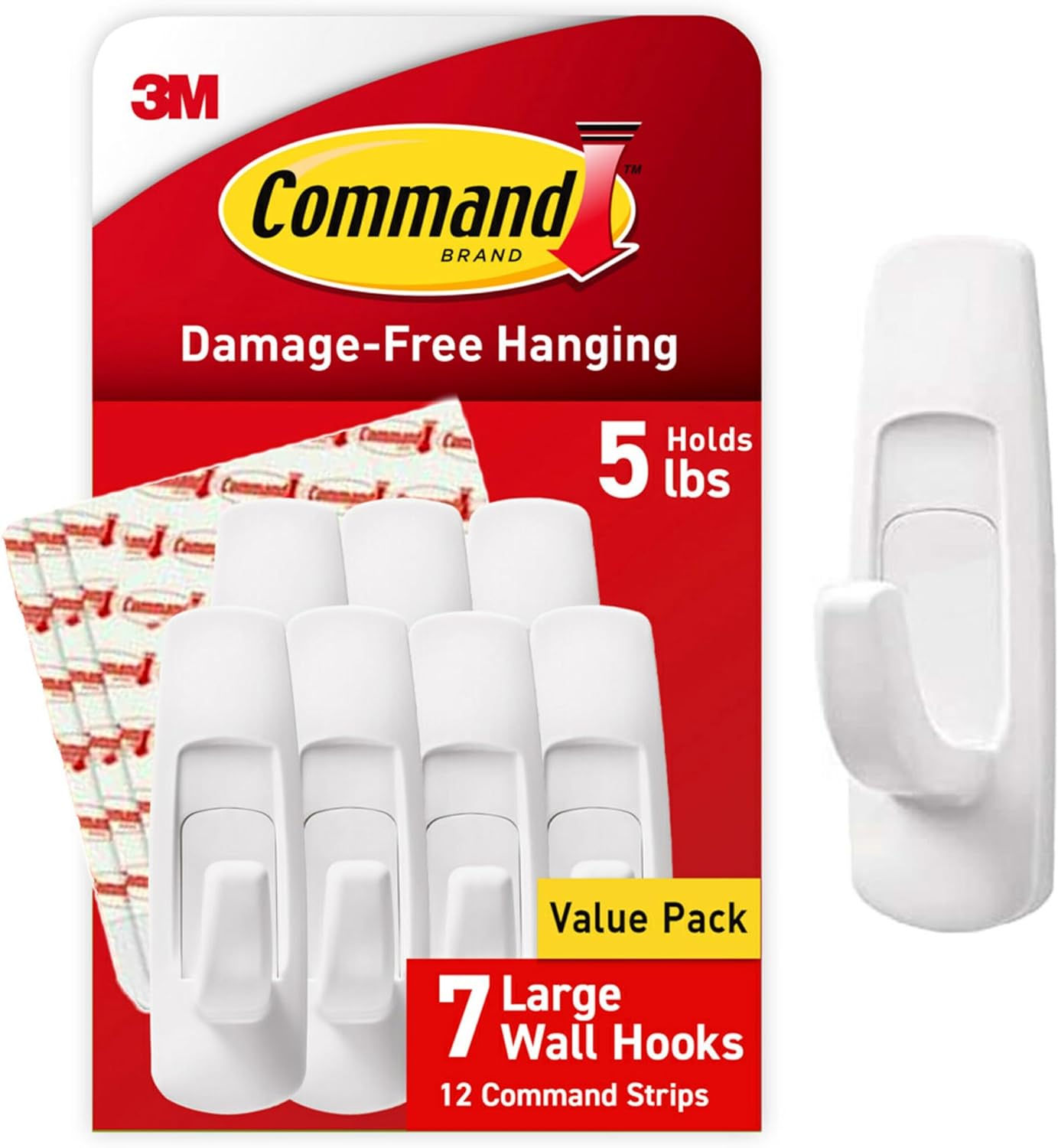 Command Hooks Large Utility Damage Free Hanging, Sticky Hook and Adhesive Strips Pack, No Tools for Multi Purpose Hanging, 7 White Heavy Duty Hooks and 12 Strips