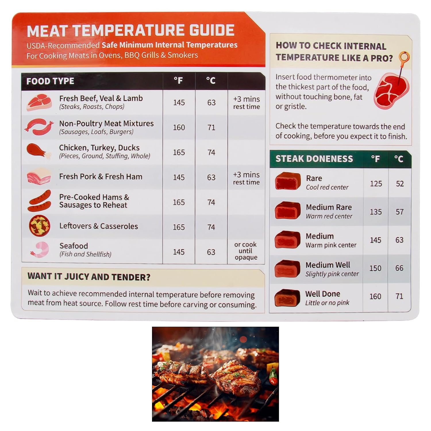 Meat Temperature Guide Conversion Chart, Beef, Pork, Lamb, Chicken, Seafood Cooking Temperature Chart, Meat Temperature Food Magnet Sheet for Kitchen Outdoor Picnic