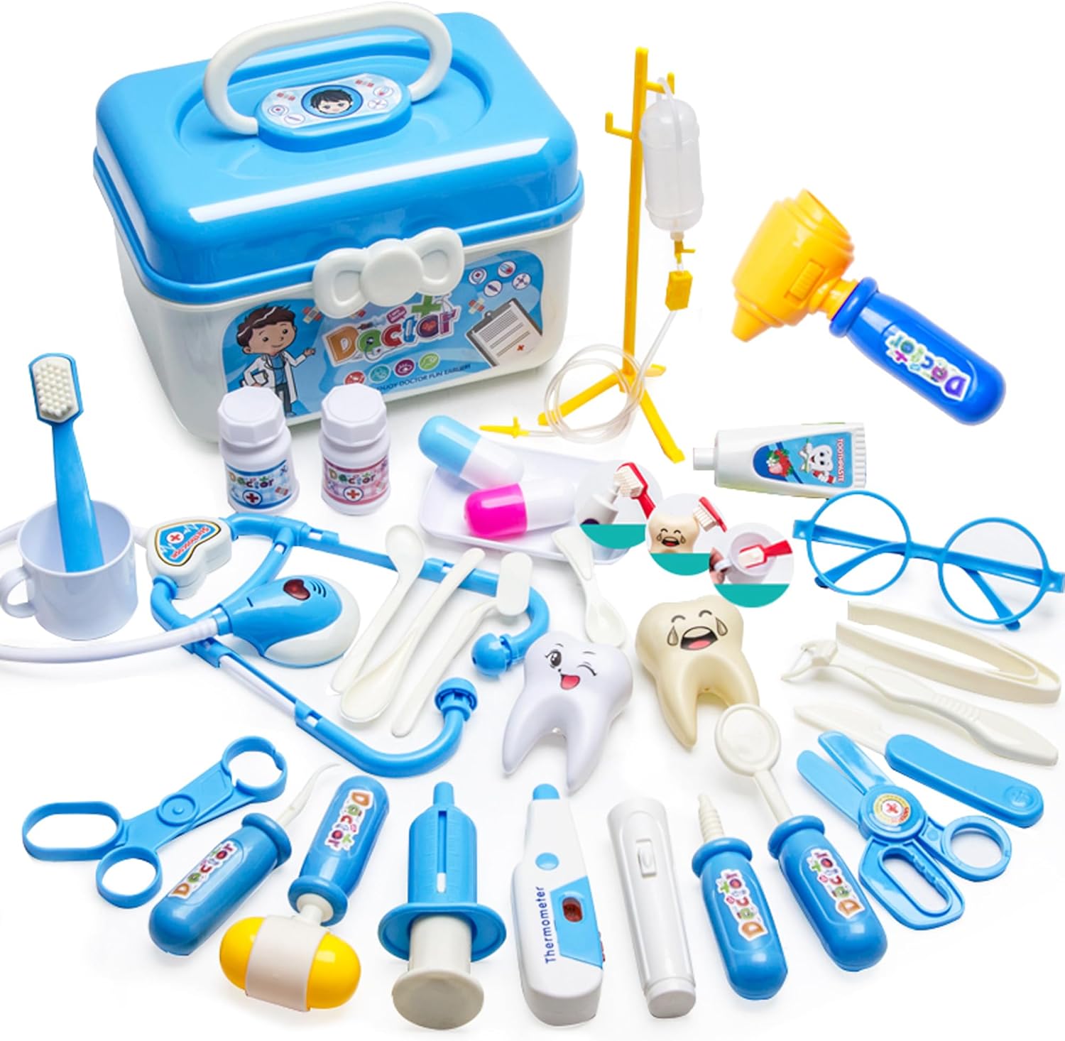 Doctor Playset Medical Kit Contains Children's Injections, Lighted play stethoscope for kids, dentist kit for kids 3-5 pretend play(30PCS) (blue doctor kit)
