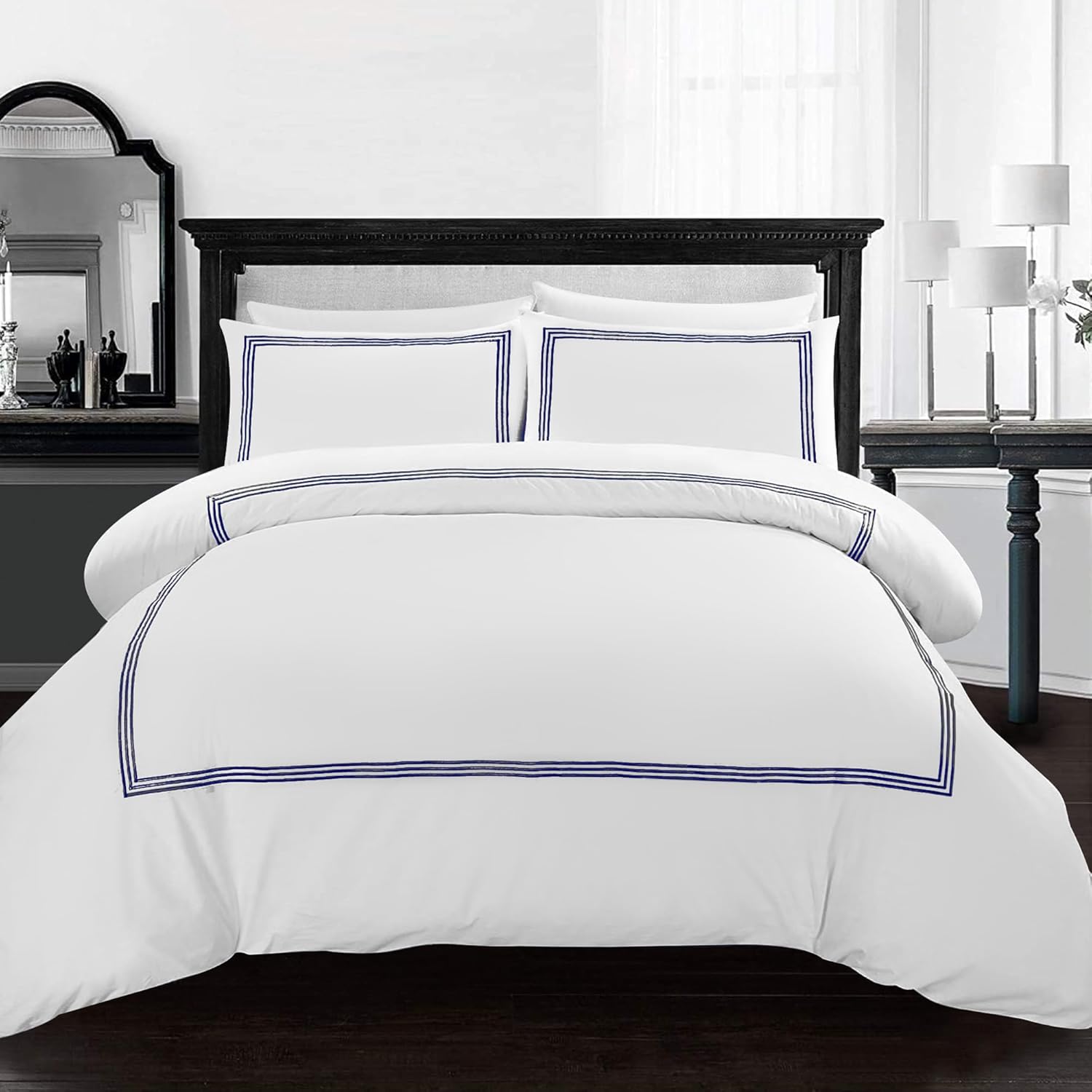 AR Ware Double Duvet Cover Set - 3 Pcs Luxury Bratta Stitch Microfiber Duvet Sets with 2 Pillowcases - Non Iron Bedding Hotel Quality Quilt Cover (White/Navy)
