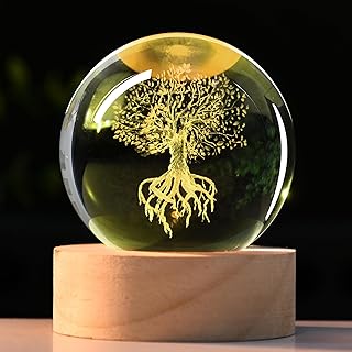 IFOLAINA Tree of Life Crystal Ball with Lighted Base Laser Engraved Glass Ball Tree of Life Night Light Decorative Globes 3D Crystal Plant Sphere Gifts for Her Birthday