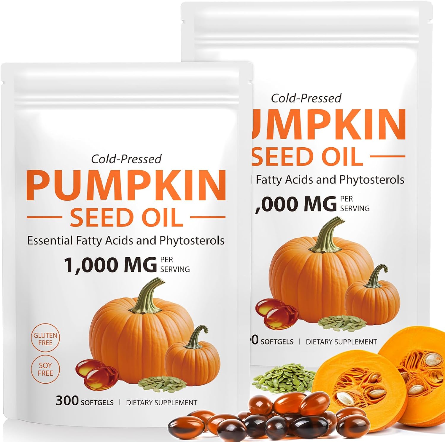 2Pack Pumpkin Seed Oil Capsules, Cold Pressed Pure Virgin Oil, 600 Softgels