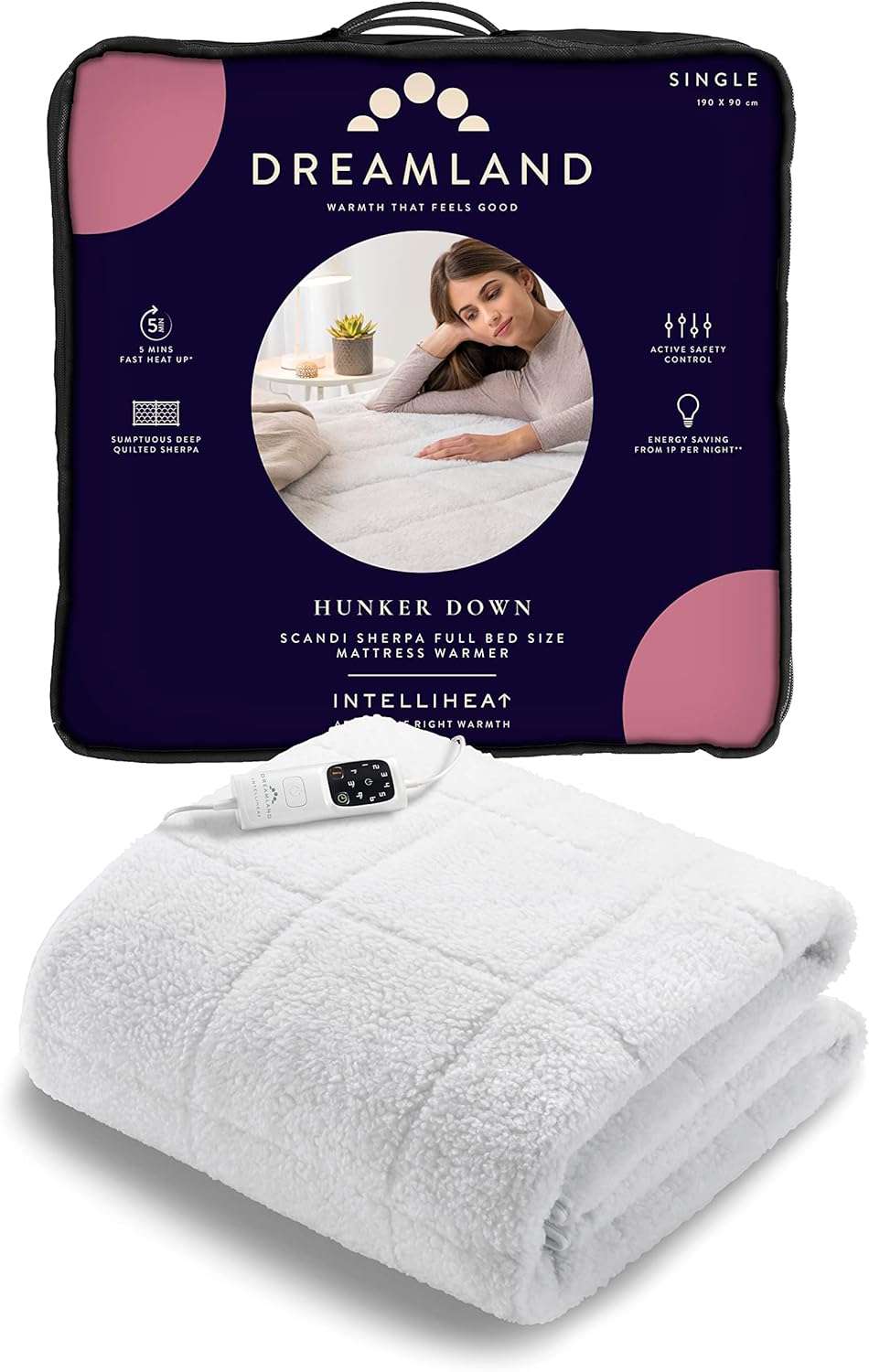 Dreamland Hunker Down Electric Blanket, Single Size, Scandi Sherpa, Fast Heat Up, Premium Heated Electric Fitted Underblanket, 6 Heat Settings, Easy Fit Straps, Machine Washable, Timer, 190 x 90 cm