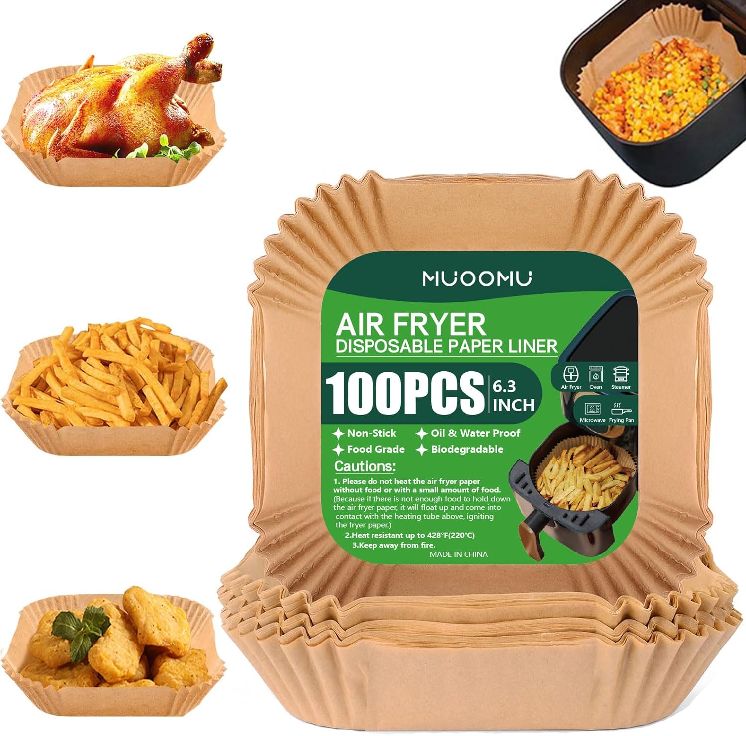 Air Fryer Disposable Square Parchment Liners, Non-Stick, Water Proof - 100 Pack of 6.3 inch Liners for Frying Pans and Microwaves