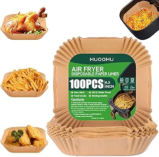 Air Fryer Disposable Square Parchment Liners, Non-Stick, Water Proof - 100 Pack of 6.3 inch Liners for Frying Pans and Microwaves