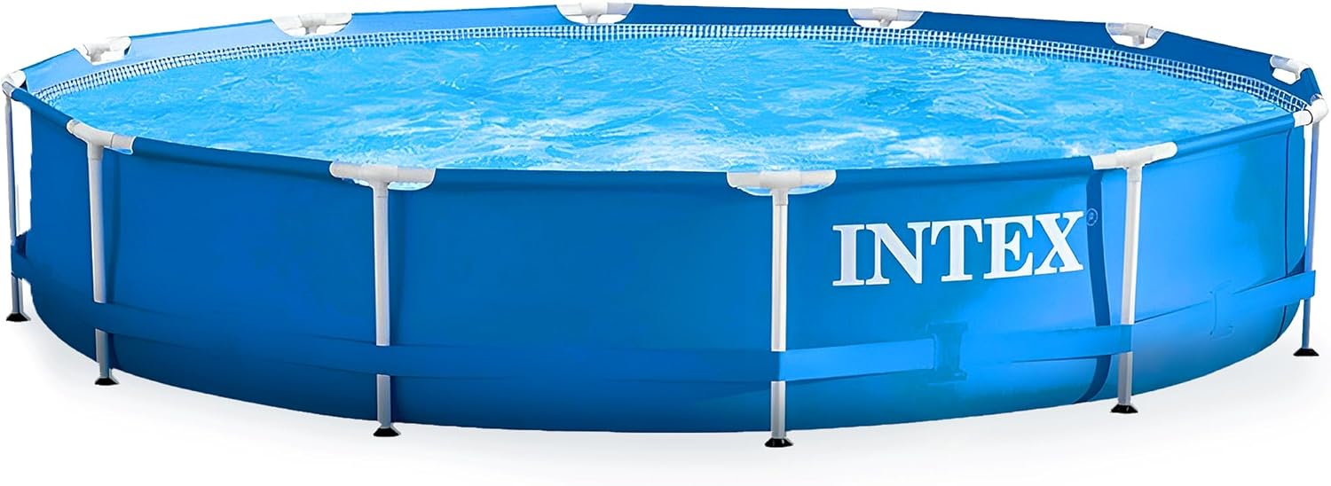 Intex Metal Frame 12 ft x 30 in Round Above Ground Outdoor Backyard Swimming Family Pool for Kids and Adults Ages 6 and Up, Blue