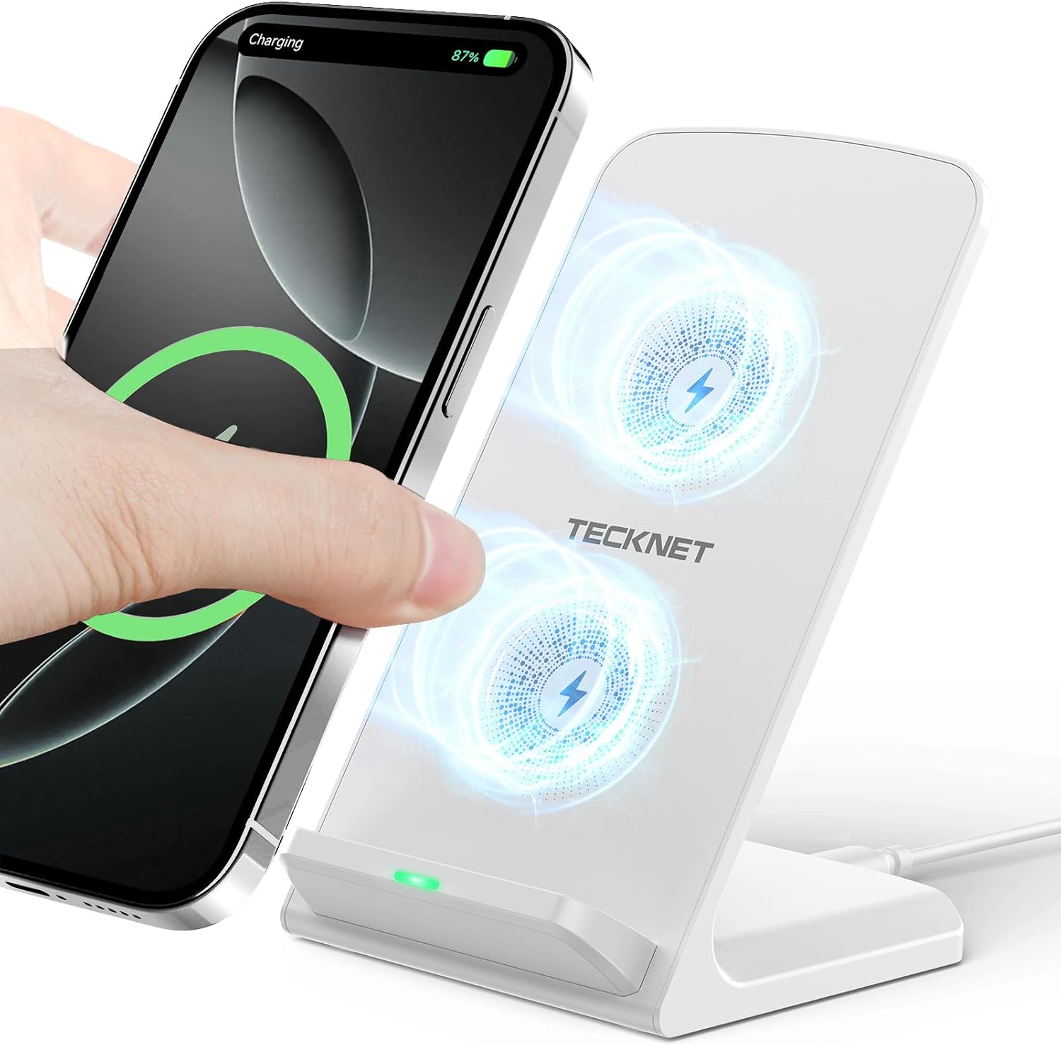 TECKNET Wireless Charger, 15W Fast Charging Stand Qi Certified,Compatible with iPhone 16/15/14/13/12/11 ProMax, Samsung S23/S22/S21, other Qi-Enabled Phones (White)