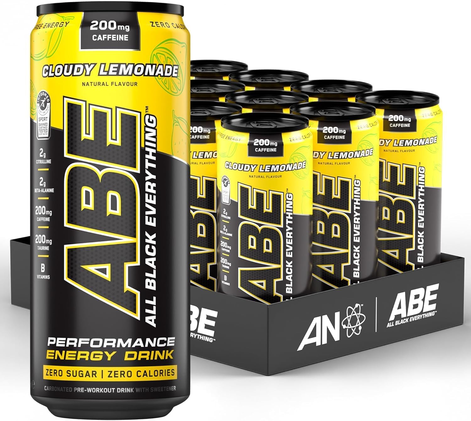 Applied Nutrition ABE Pre Workout Cans - All Black Everything Energy + Performance Drink, ABE Carbonated Beverage Sugar Free with Caffeine (Pack of 12 Cans x 330ml) (Cloudy Lemonade)
