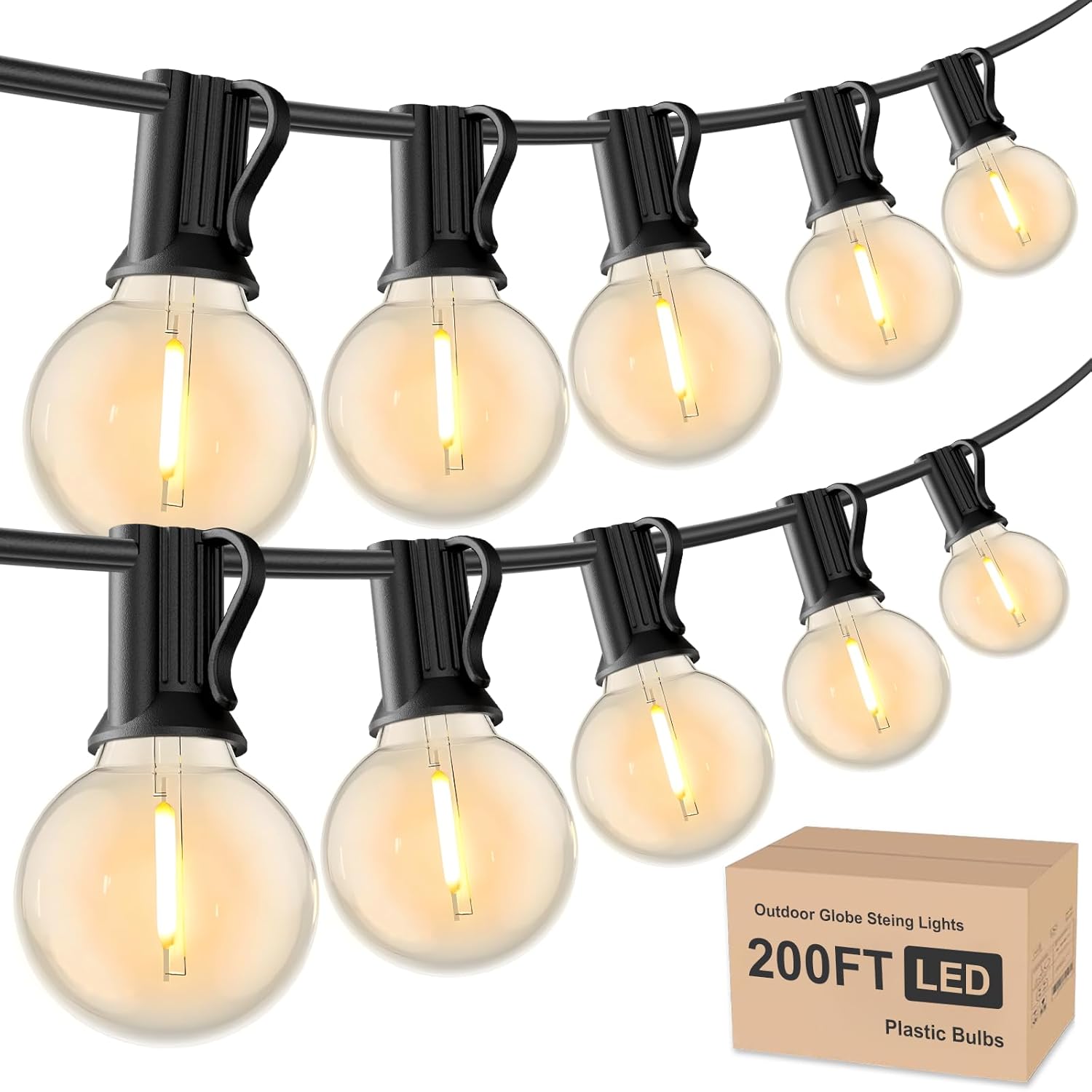 RTTY Outdoor String Lights 200ft, 2 Pack 100ft G40 Led Patio Globe Lights with 52pcs Bulbs,Shatterproof Waterproof Connectable Outside Hanging for Porch Cafe Bistro Backyard Gazebo Balcony Deck Party