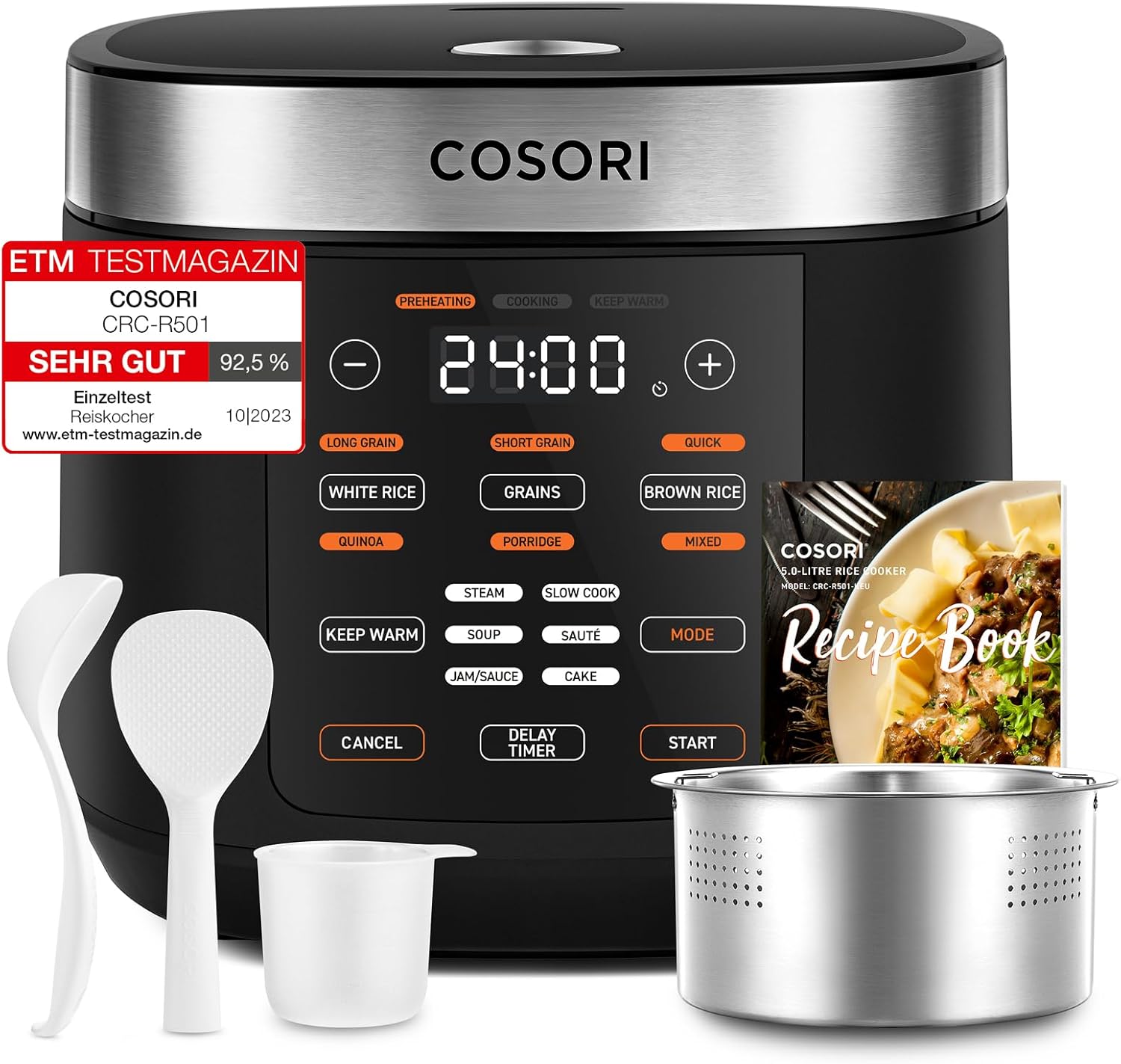 COSORI Rice Cooker, Slow Cooker & Steamer with Ceramic Coated Inner Pot and Fuzzy Logic, 50 Recipes,10 Cups, 5L Capacity, with 17 Functions, Warmer, Timer, Black