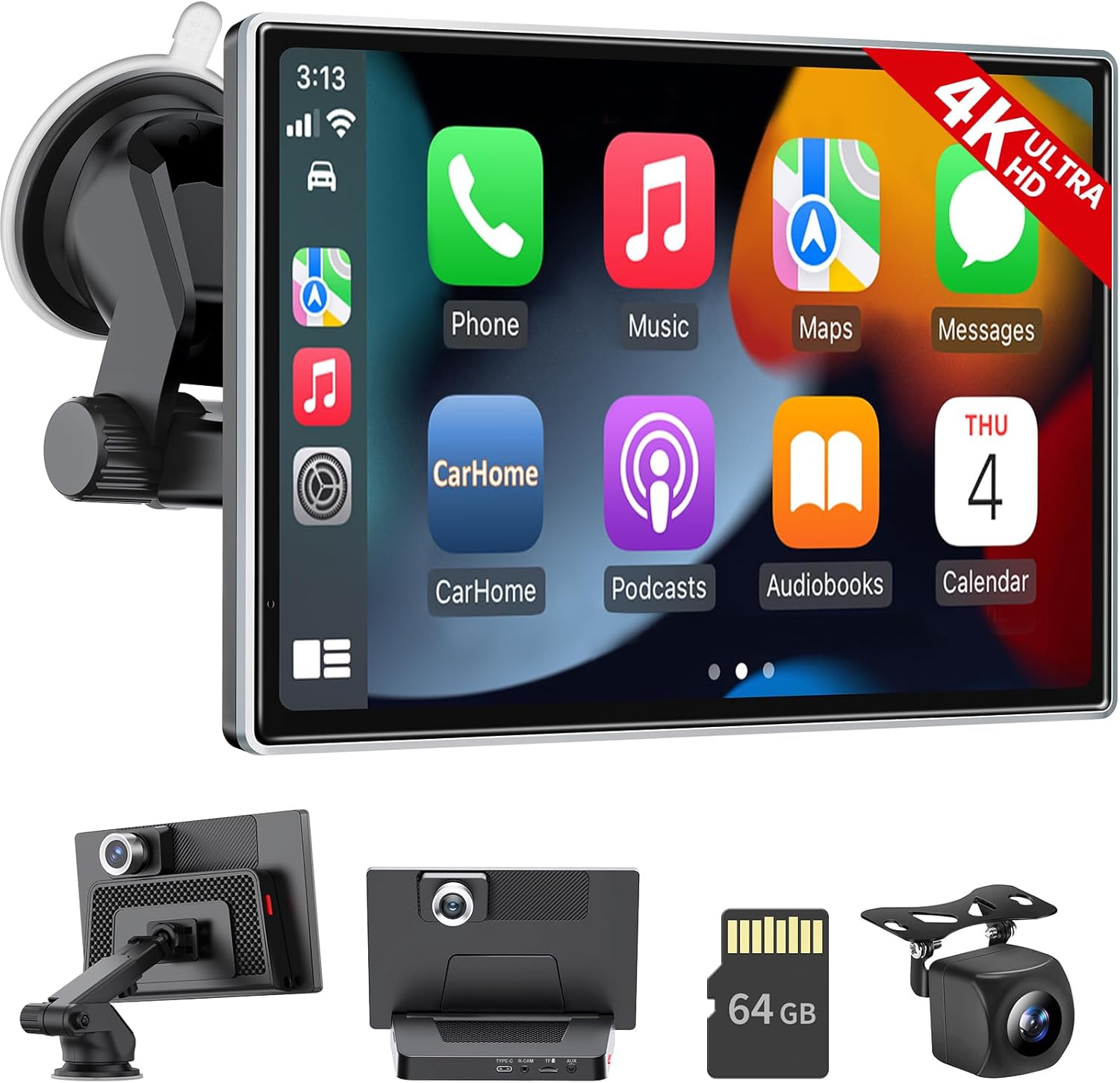 Wireless Apple Carplay Screen for Car, 7'' Portable Apple Carplay & Android Auto with 4K Dash Cam, 1080p Backup Camera, GPS Navigation/Mirror Link/Voice Control/Bluetooth/Touchscreen Car Play