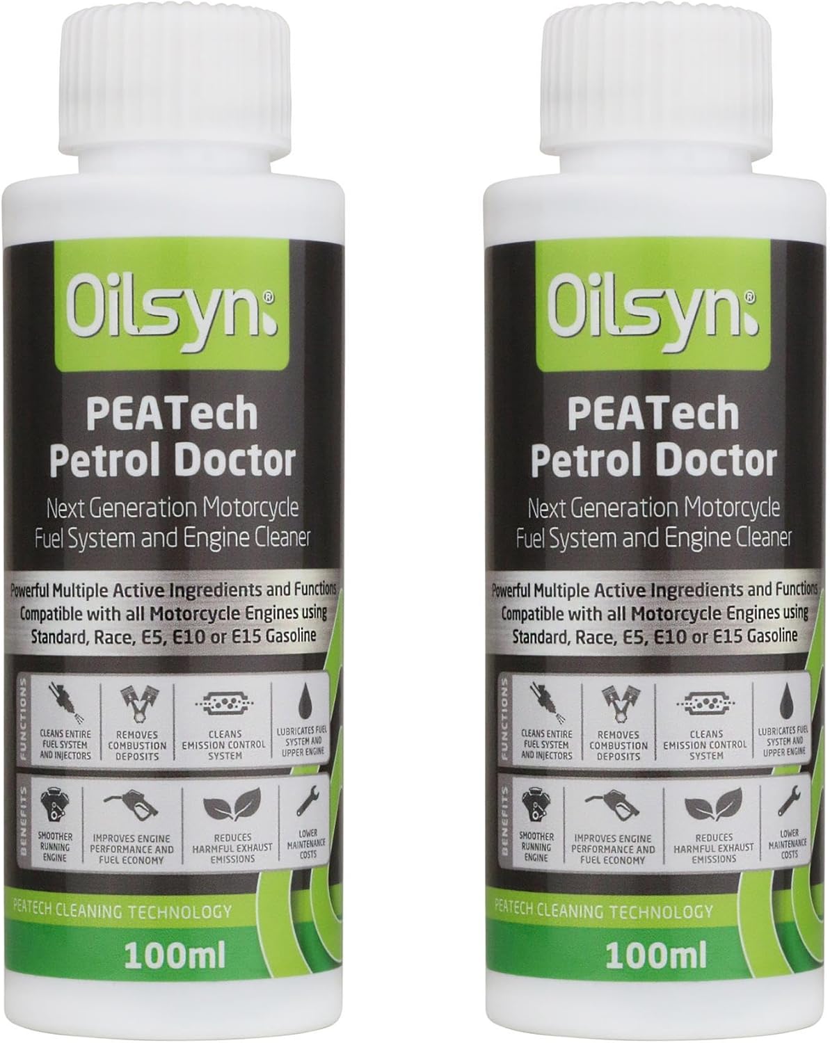 Oilsyn PEATech Petrol Motorcycle Dr Complete Fuel System, Injector & Engine Cleaner 2x100ml | Max Strength Polyetheramine Carbon Removal E5/E10 Compatible