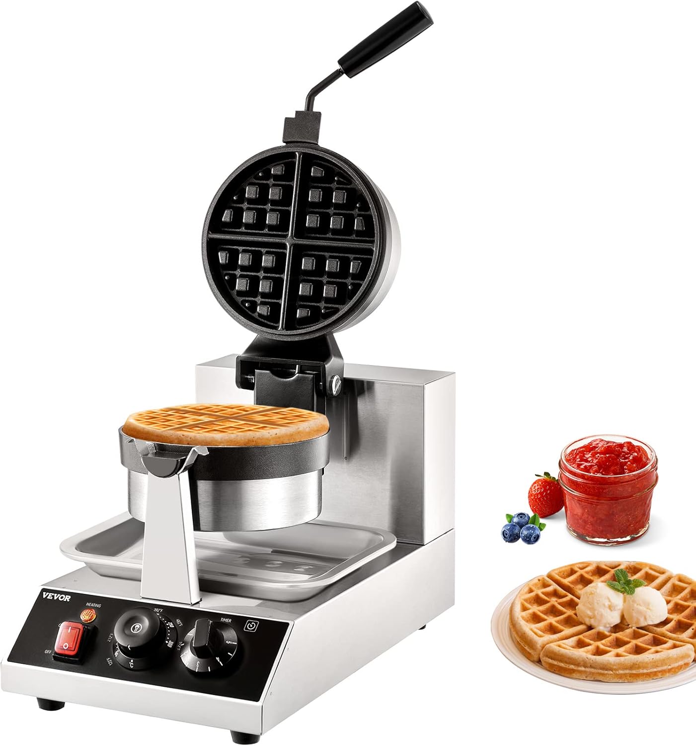 VEVOR Commercial Waffle Maker, 1300W Round Waffle Iron, Non-Stick Rotatable Waffle Baker Machine With 122-572℉ Temp Range and Time Control, Teflon-Coated Baking Pan Stainless Steel Body 120V