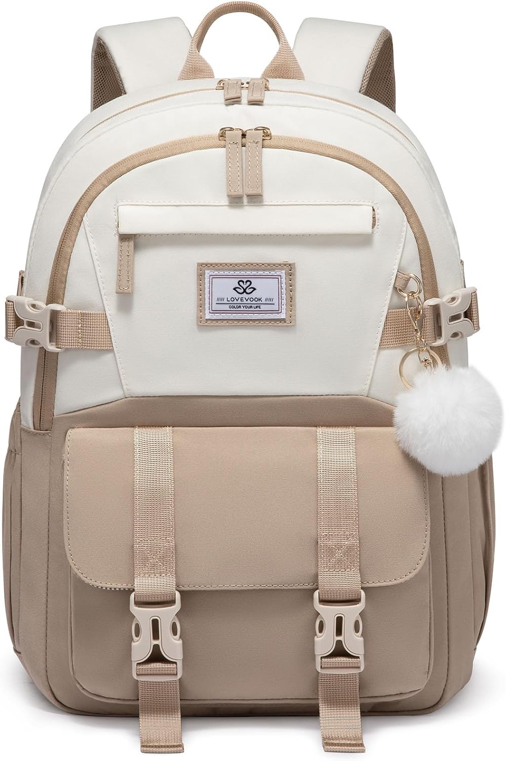LOVEVOOK School Backpack Womens, School Bags for Girls Teens Aged 8-18, Water-Resistant Lightweight 15.6 Inch Laptop Bag, Classic High School Back to School Rucksack for Travel, Khaki-Beige