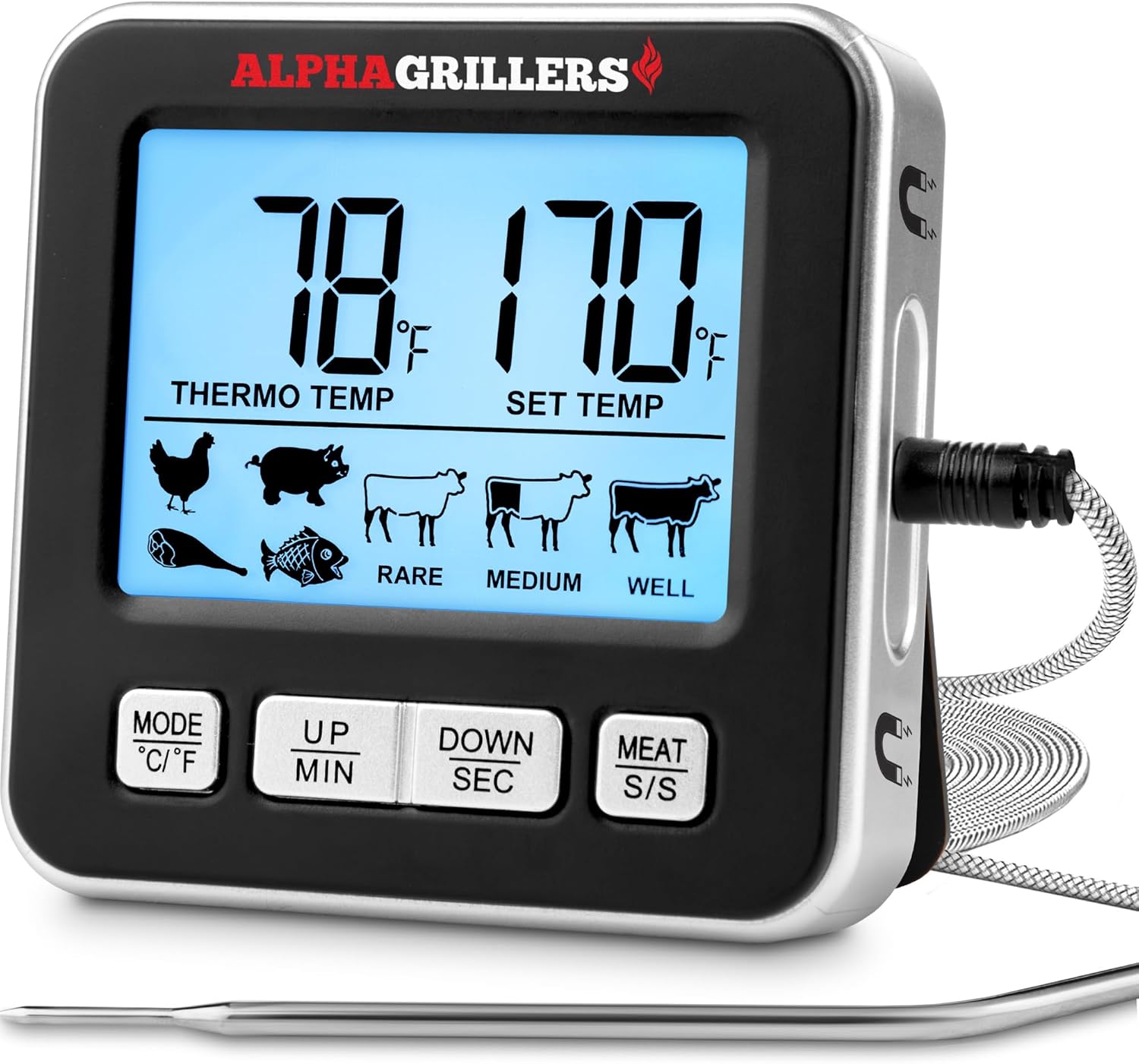 Alpha Grillers Professional Meat Thermometer for Oven - Large Display Digital Thermometer for Cooking Leave in Meat Temperature Probe - 7 Preset Temperatures & Timer