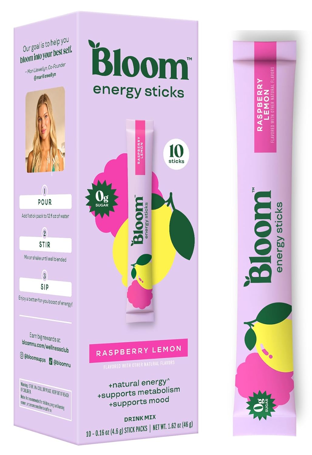 Bloom Nutrition Energy Drink Powder Packets, Raspberry Lemonade, 10 Count | Sugar Free Drink Mix with L-Theanine, B Vitamins & Natural Caffeine, On the Go Powder Sticks for Natural Energy, 10 Calories