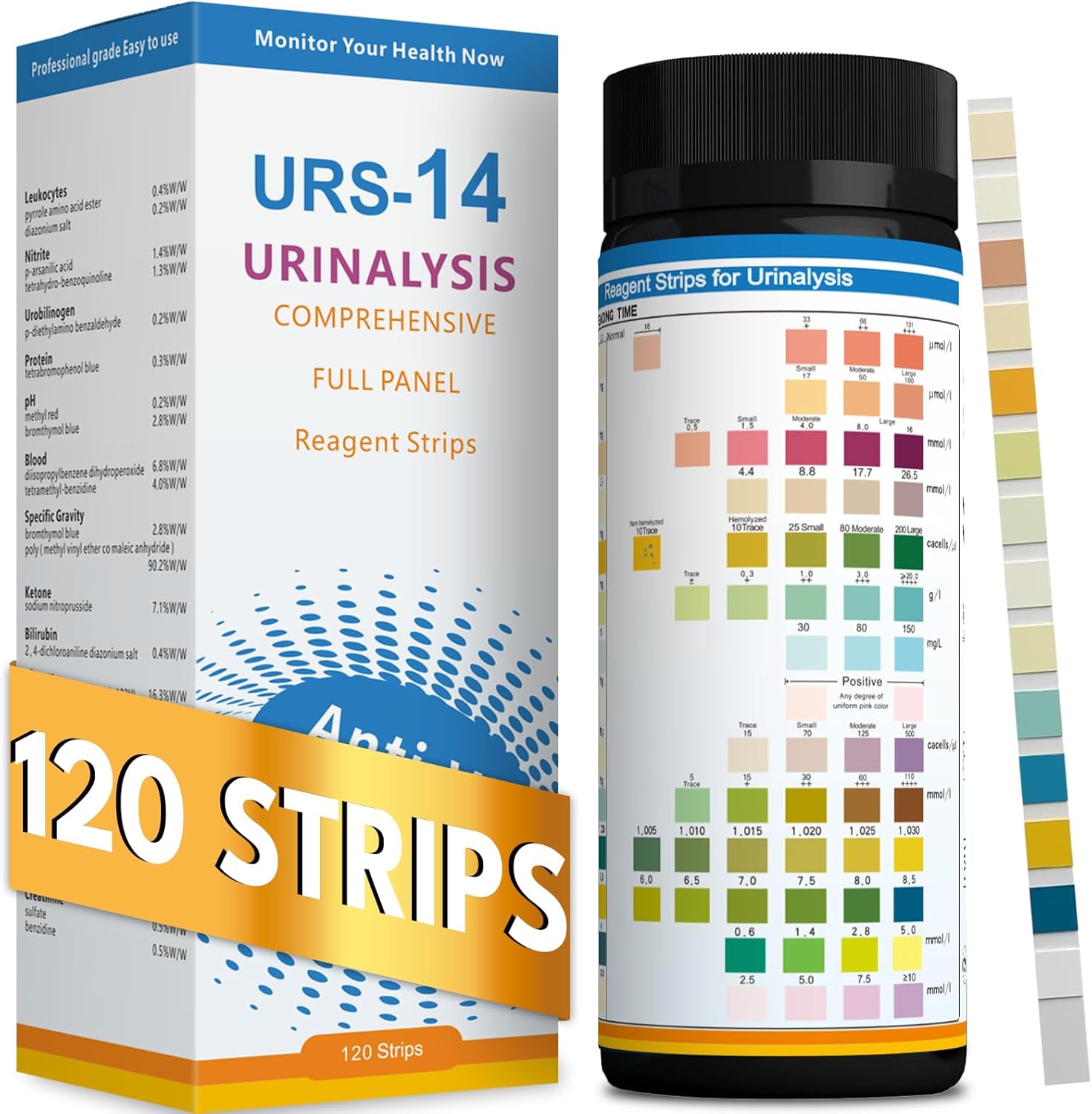 14-URS Reagent Test Strips [120 ct] for Urinalysis and Detection of UTI, LEK, Pro, Ket and More, Comprehensive Test - for Men & Women at Home Use with Reliable Results in 60 sec.