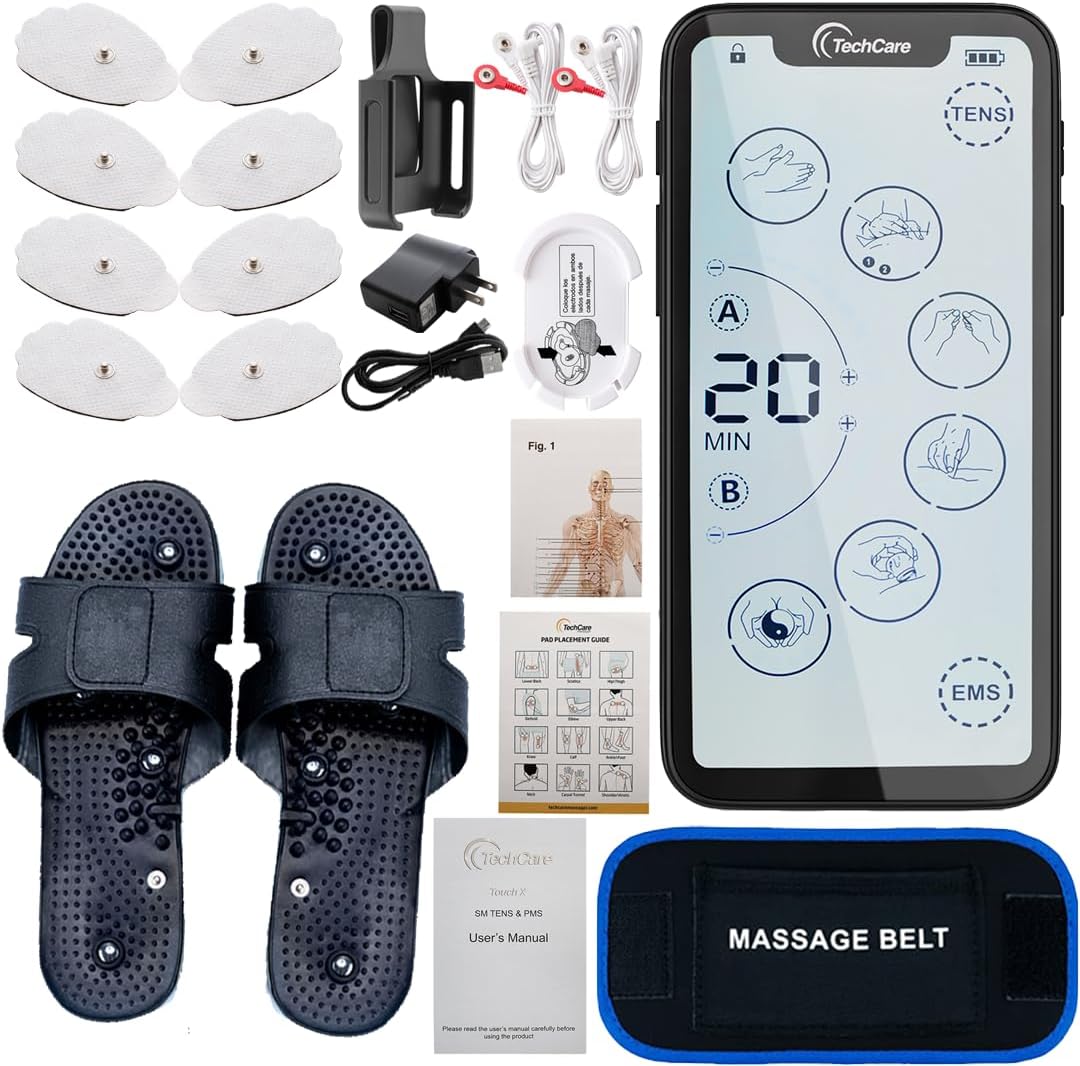 Tens Unit Muscle Stimulator Massager 24 Modes Touch Screen Pain Reliever Set with Massager Belt+Reflexology Slippers Sciatica Back Shoulder Pain Relief Combo Set