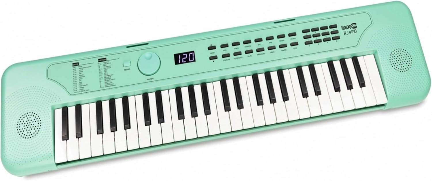 RockJam RJ490 49 Key Mini Keyboard Piano with Speakers, Mint Green | Portable mini keyboard piano with built-in speakers, USB-C or battery power and headphone jack for beginners