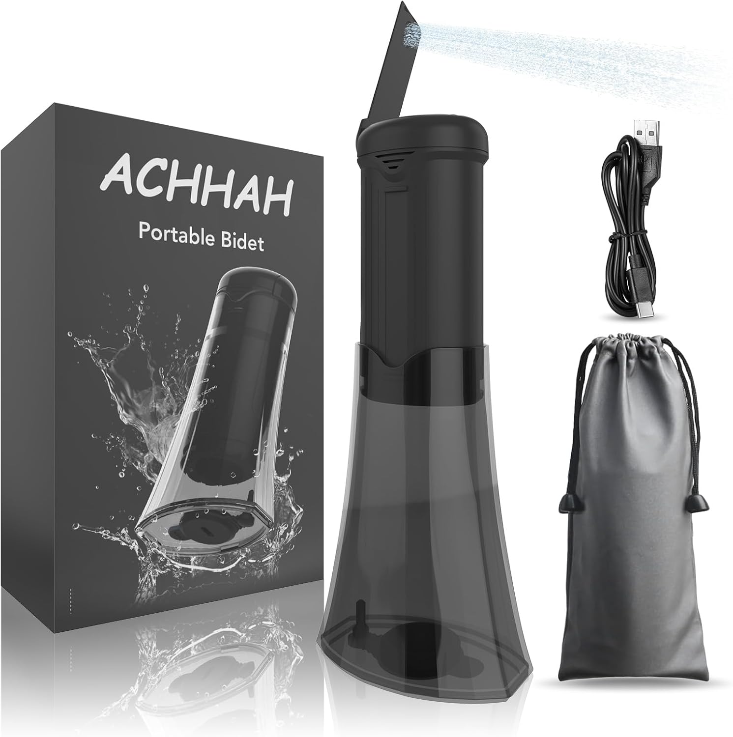 Portable Bidet for Travel, Handheld Travel Bidets with 3 Pressure Options & Adaptor, 1100mAh Electric Bidet Sprayer for Women & Men Toilet Personal Hygiene Cleaning/Postpartum Care, 260ML, Black