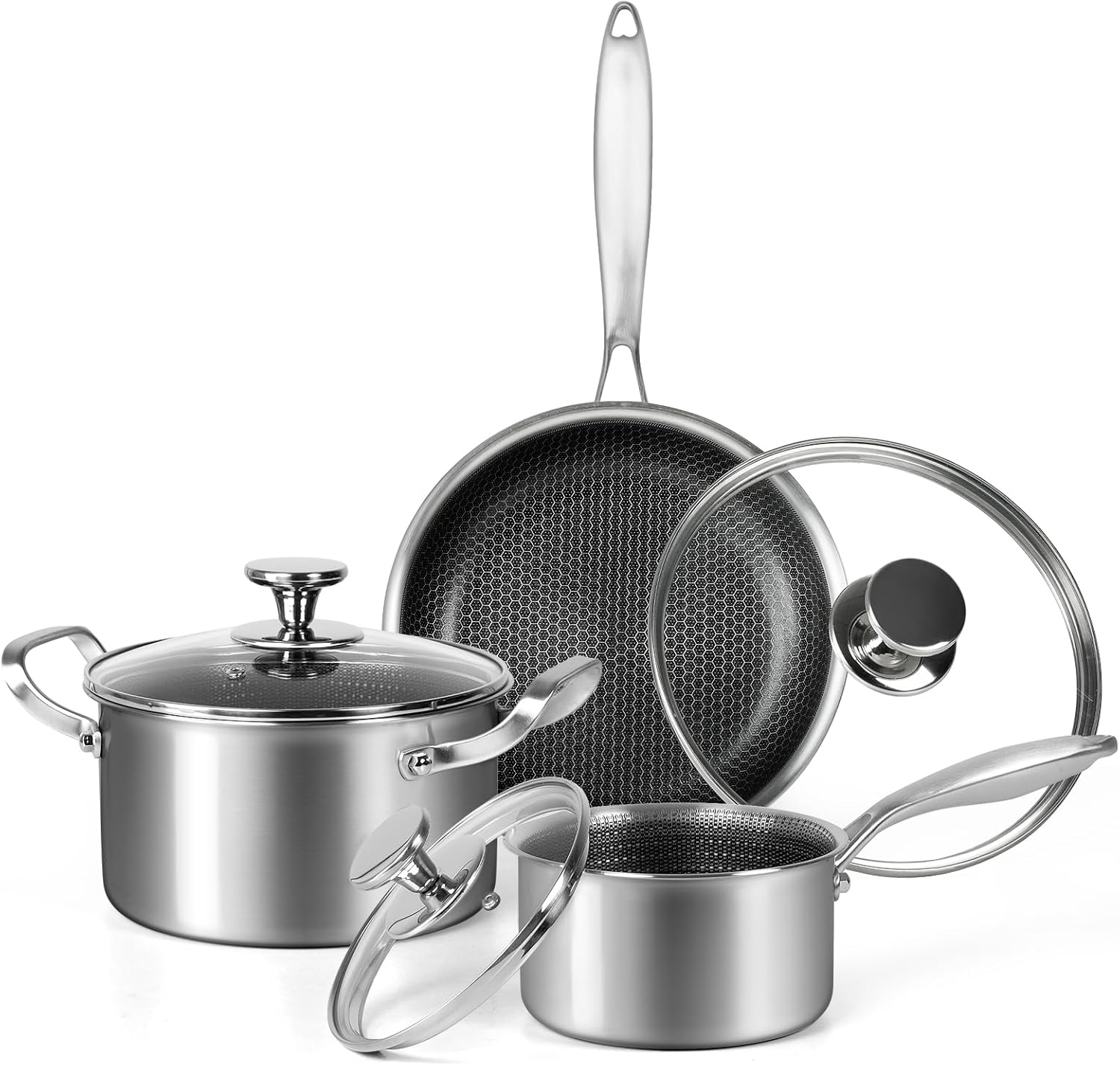 Stainless Steel Pots and Pans Set 6Pcs Nonstick Kitchen Cookware Sets Honeycomb Coatings Cooking Set W/Frying Pans & Saucepans&Stockpots,Works on Induction and Gas Cooktops