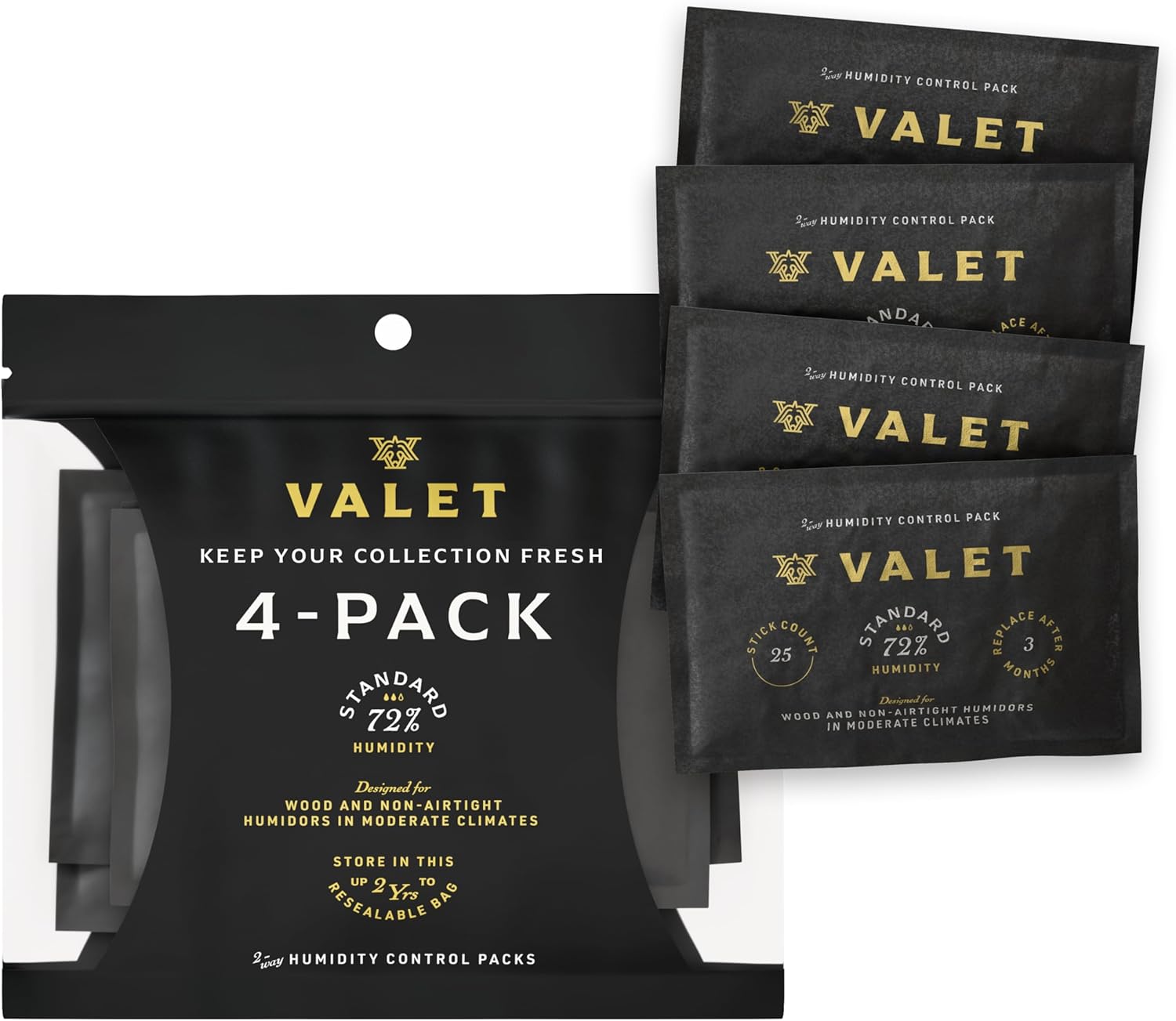 Valet 72% Two-Way Humidity Packs for Wood Container, 4-Pack, 60g Each, Prevents Leaks and Controls Moisture with Natural Craft Paper Design, Resealable Bag