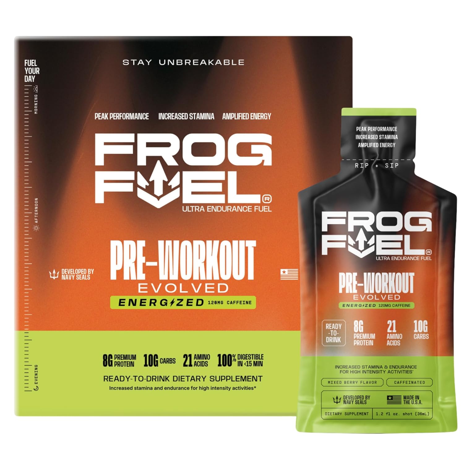 Frog Fuel Ultra Energized Pre Workout Shot & Energy Gel, 120mg Caffeine, 1500mg Beta Alanine, Electrolytes 8g Protein Nano-Hydrolyzed Grass Fed Collagen, 10g Carbs, Berry, 1.2 oz Packets, 24 Pack
