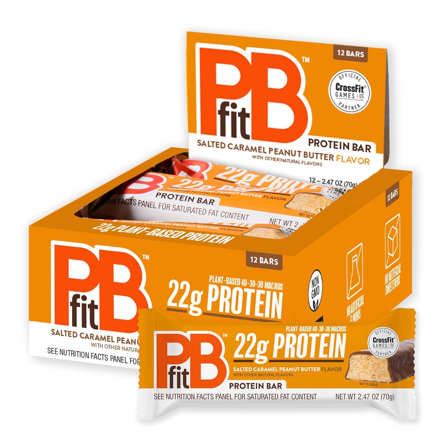 PBfit Salted Caramel Peanut Butter Protein Bars, 22g Protein, Gluten Free, Vegan, Plant-Based 40-30-30 Macros, 2.47 Oz (Pack of 12)