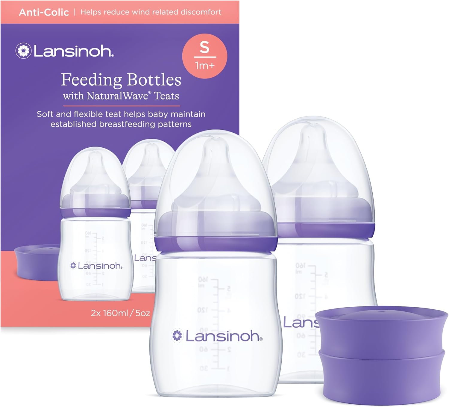 Lansinoh Anti Colic Baby Bottle - 2 Pack 160 ml - NaturalWave® Teats Reduces Nipple Confusion - BPA & BPS-Free Breastfeeding Bottle Feeding Stackable Lid Fridge Freezer Milk Storage Feeding Bottles