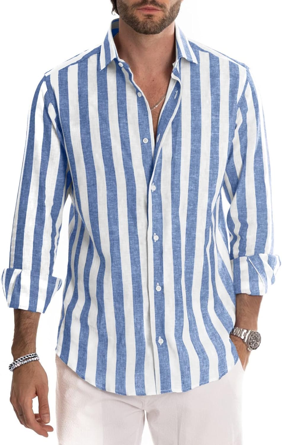 Meilicloth Men's Shirts Long Sleeve Striped Casual Shirt Button Down Regular Fit Tops, Long Lasting Comfort Top for Men
