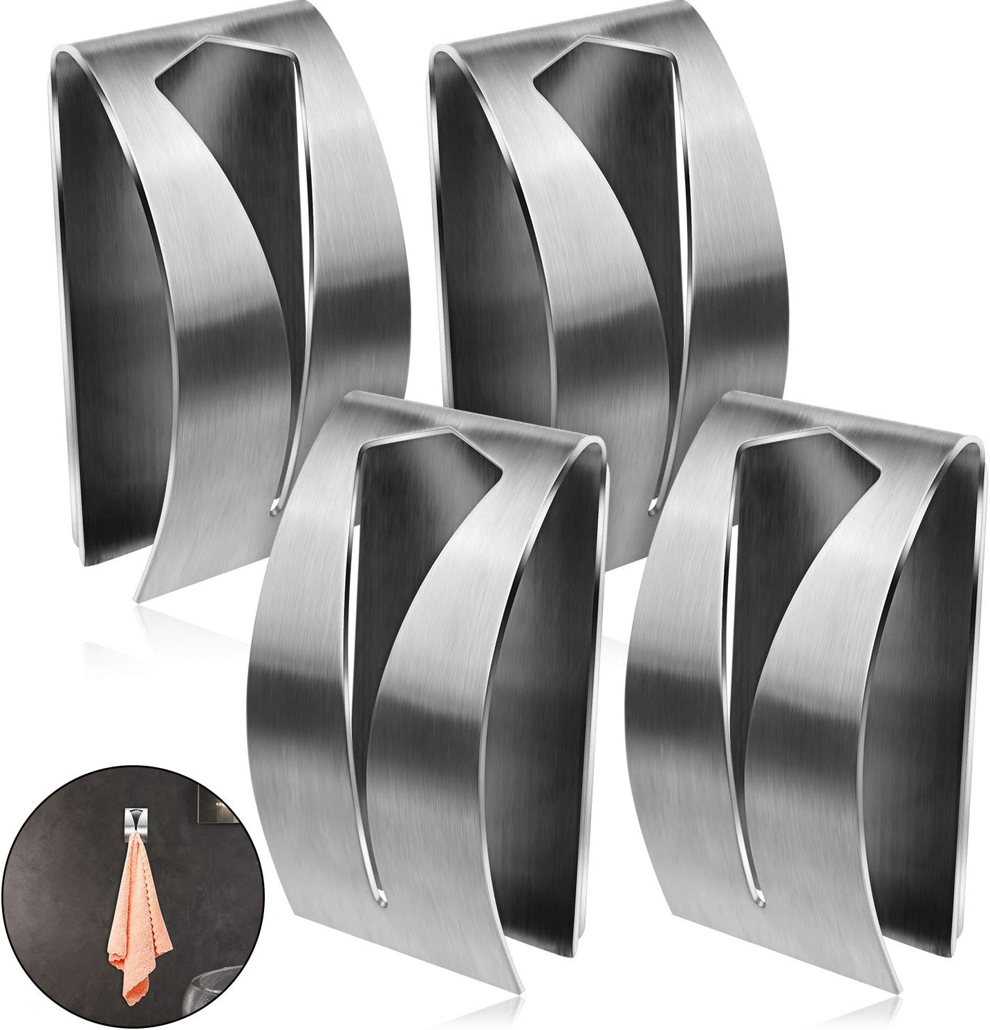 Boao 4 Pcs Self Adhesive Towel Hook Holder Grabber Stainless Steel Kitchen Dish Towel Hook Wall Mount Non Drilling Towel Hangers Rack Hand Towel Hook Tea Towel Holders for Bathroom (Silver)