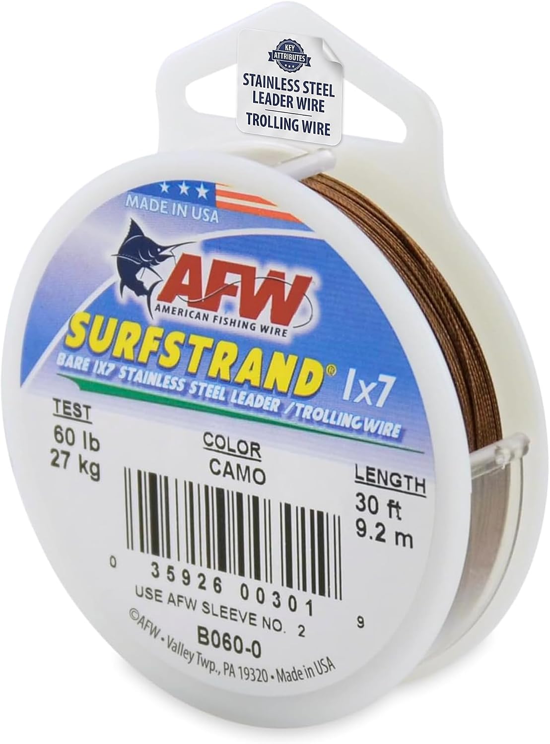 American Fishing Wire Surfstrand Bare 1x7 Stainless Steel Leader Wire - Fishing Leader Line for Saltwater, 20lb Test - 325lb Test in Bright, Camo in 30ft, 300ft, 600ft and 1,000ft Lengths