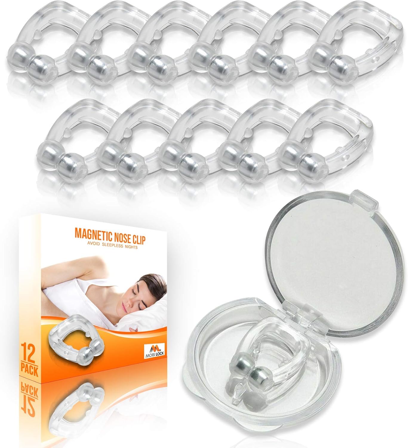 Mobi Lock Magnetic Nasal Clip (Pack of 12) - Silicone Nose Clip - A Simple Solution for Nasal Snorers - Reusable Snoring Device to Enjoy a Peaceful Night's Sleep