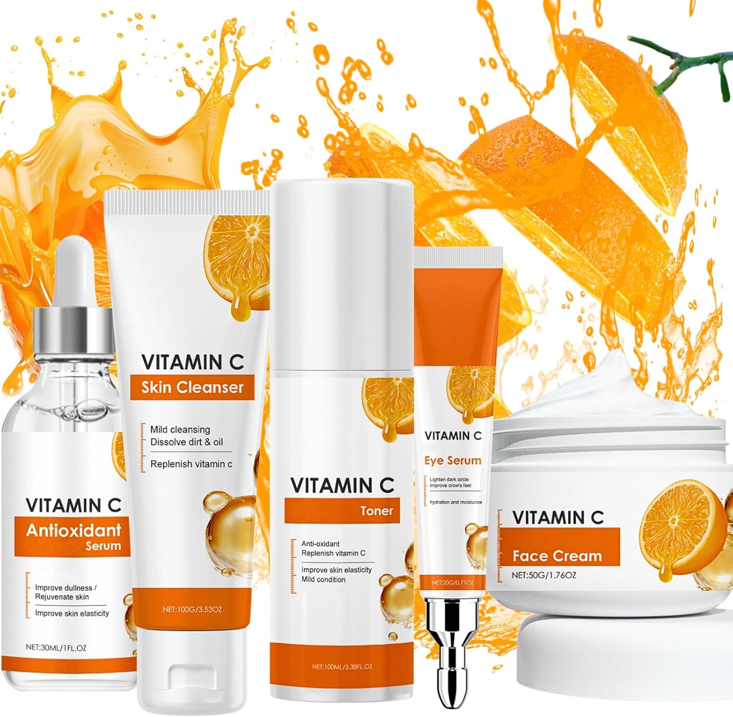 Skin Care Sets For Teenagers, Vitamin C Skincare Set, Teenage Girls Gifts - 5 Piece Gentle Skin Cleaning & Care Facial Kit With Cleanser, Toner, Serum, Eye Cream, Face Cream, Moisturise & Brighten