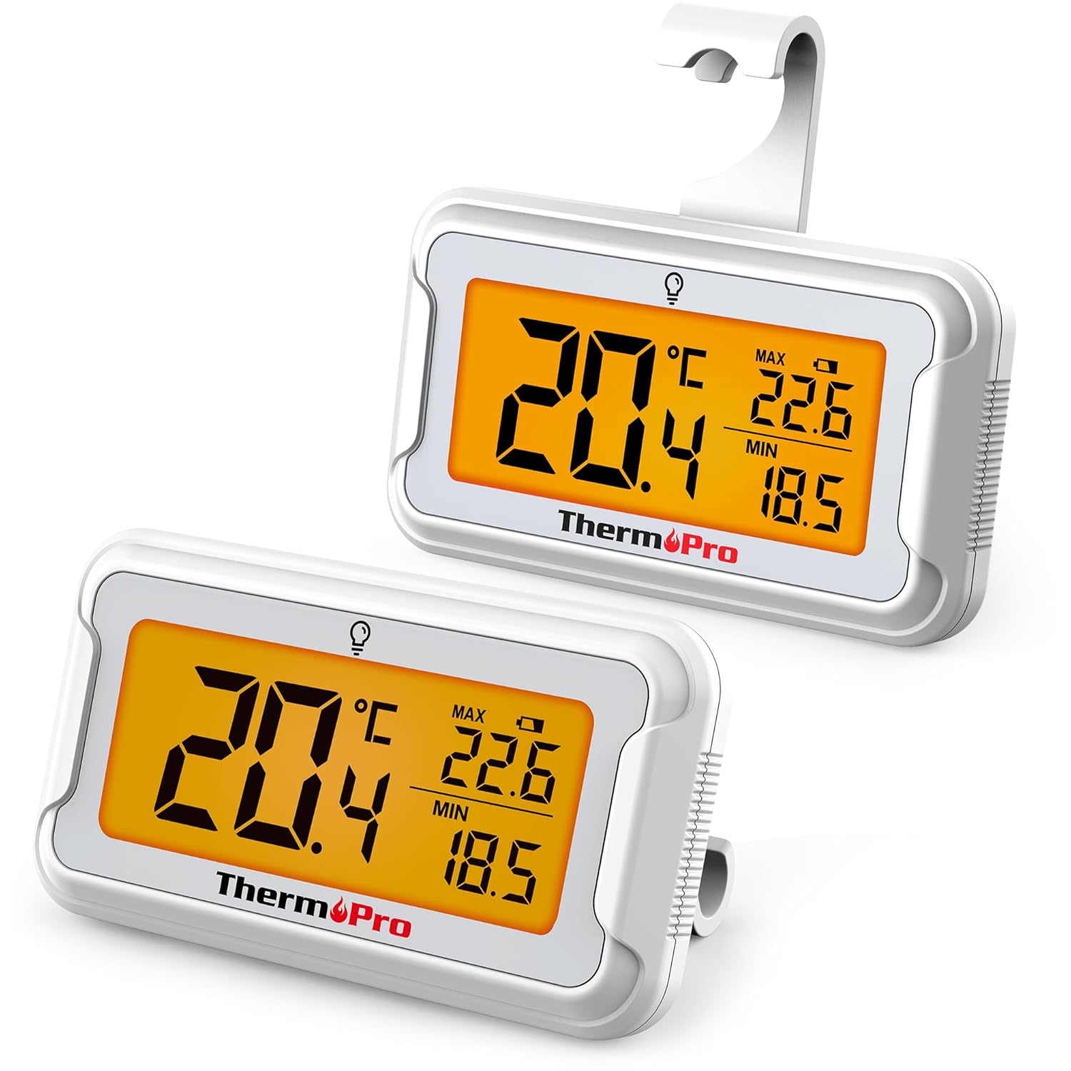 ThermoPro TP110 Fridge Thermometer with Large Backlit LCD Display, Waterproof Freezer Thermometer with Max/Min Record, Easy Battery Replacement, High Accuracy Refrigerator Monitor for Kitchen, 2Pack