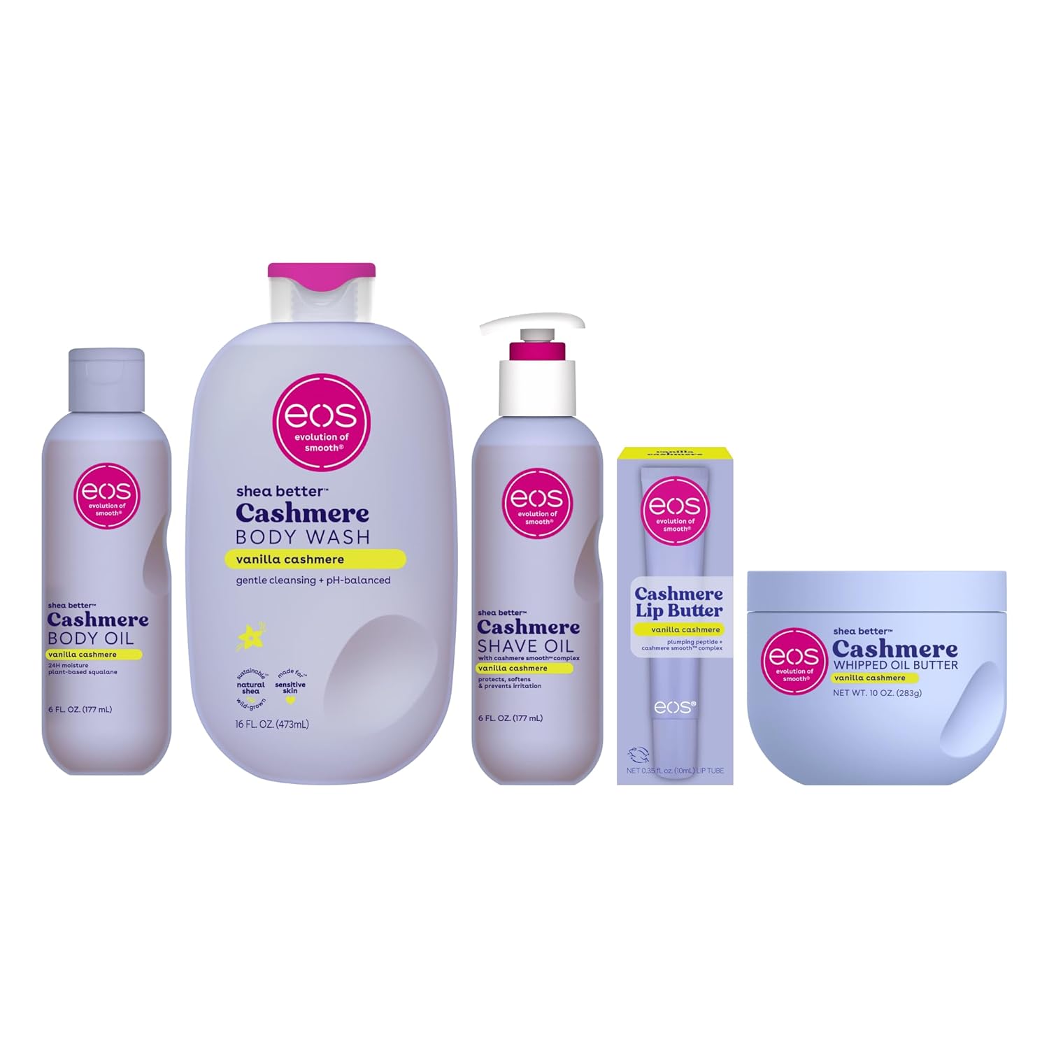 eos Vanilla Cashmere Bundle- Body Oil, Body Wash, Shave Oil, Whipped Body Butter, Lip Butter
