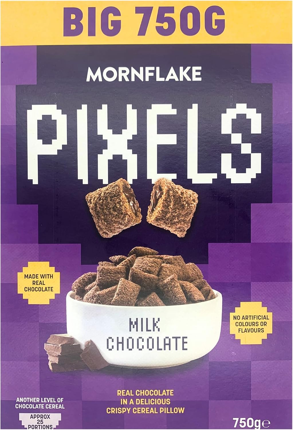Mornflake - Pixels Chocolate Cereal Crispy Breakfast Cereal Pillows, Multipack of 8x 750g Vegetarian Milk Chocolate Cereal. Wheat Pillows Filled With Real Chocolate Filling