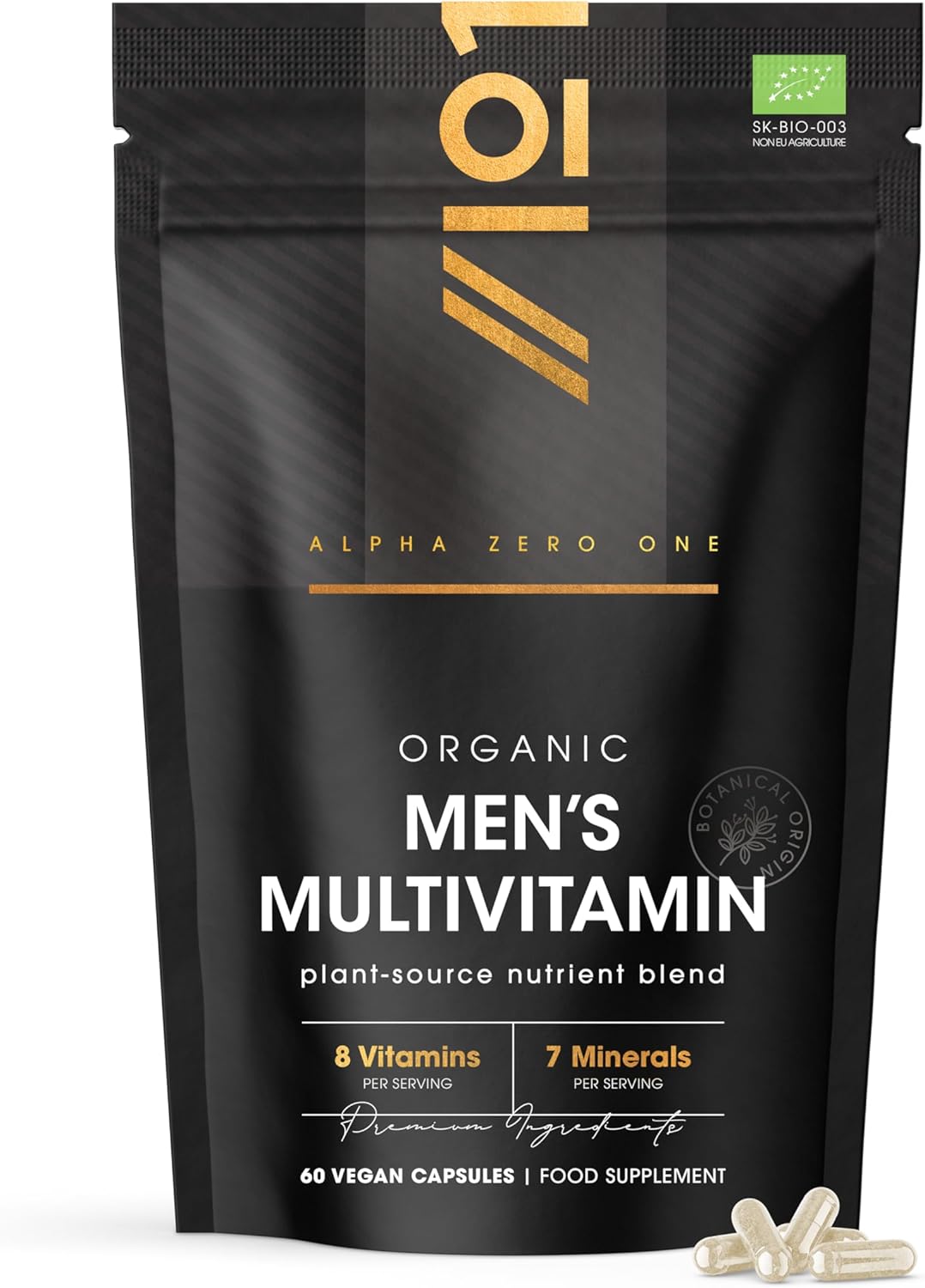 Organic Men's Multivitamins and Minerals - 100% Plant Based - 15 Organic Vitamins & Minerals – 60 Vegan Capsules – Resealable and Recyclable Pouch by Alpha01