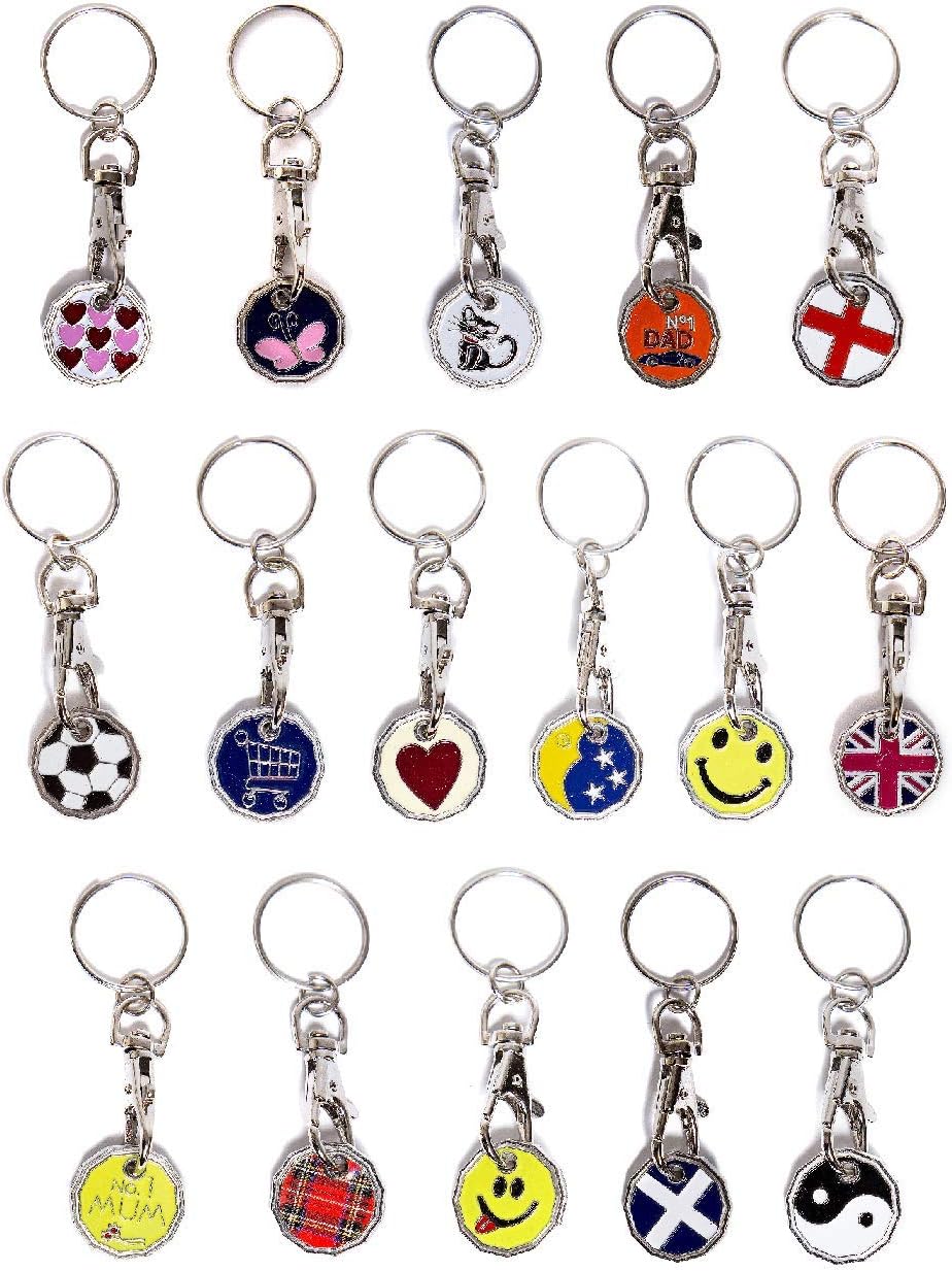 Mixed of 50 - Trolley Key Ring Tokens Key Chain Shops £1 Coin Shape Shopping Trolley Shopping Basket Cart Release One Pound Coin Replacement Shop Locker Gym Trolley 50 Random Designs Sent
