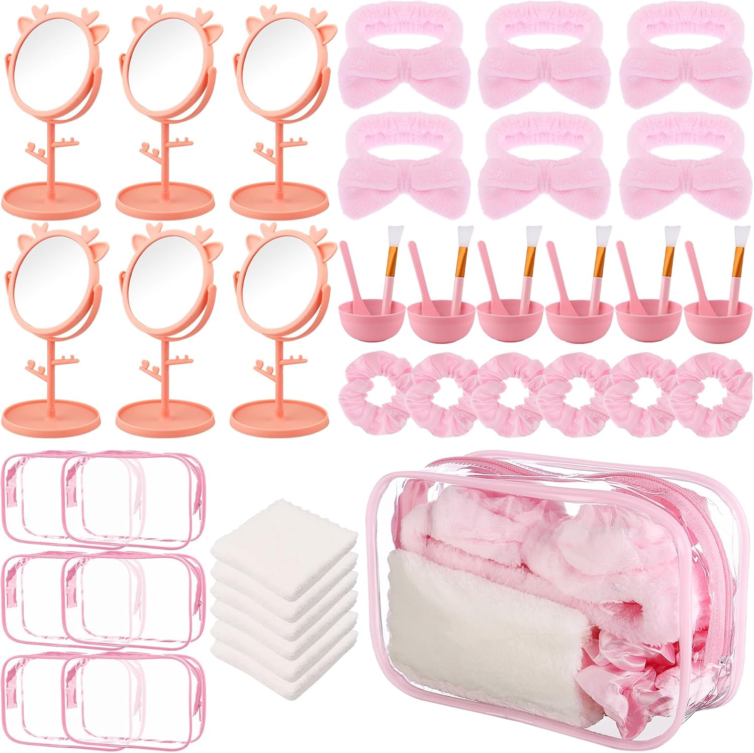 48Pcs Sleepover Party Supplies for Girls Skincare Headband and Wristband Set Sleepover Party Favors, 6 Face Mask Mixing Bowl Set 6 Mirror 6 Headband 6 Scrunchies 6 Cosmetic Bags 6 Face Wash Cloths